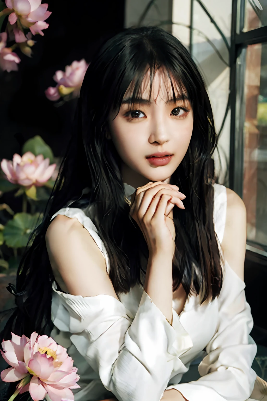 photo of a sexy beautiful asian girl holding a lotus flower in her hand, long black hair, attractive eyes