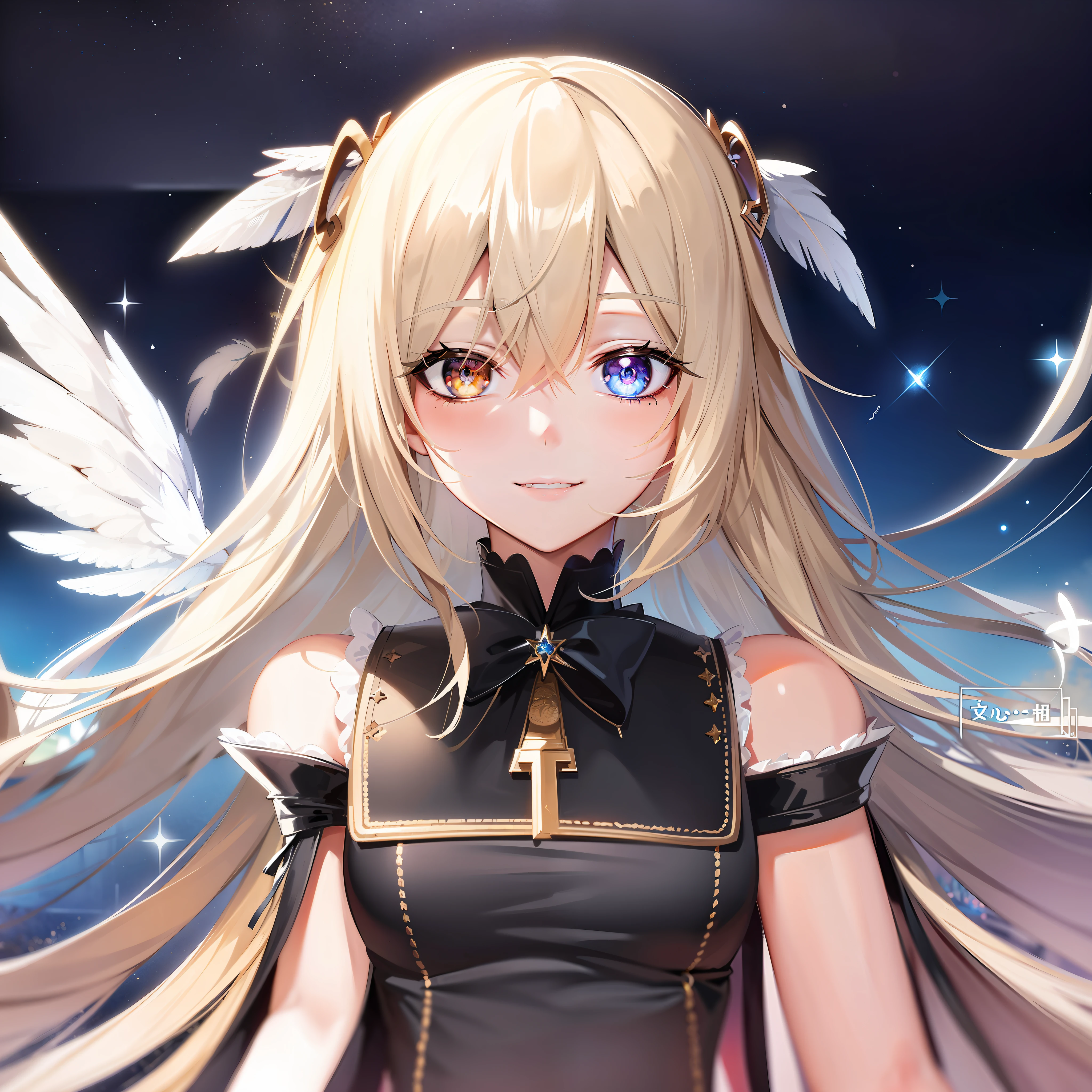Anime girl with long blonde hair and angel wings in front of the night sky, Detailed key anime art, Detailed digital anime art, detailed portrait of an anime girl, a beautiful anime portrait, Stunning anime face portrait, Best anime 4k konachan wallpaper, shadowverse style, black anime pupils in her eyes, detailed anime character art, Key anime art