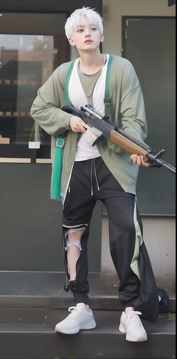 1boy, green tshirt, angelic trousers, white hair, short hair, shotgun ,realistic, ultra details, 70mm lens,