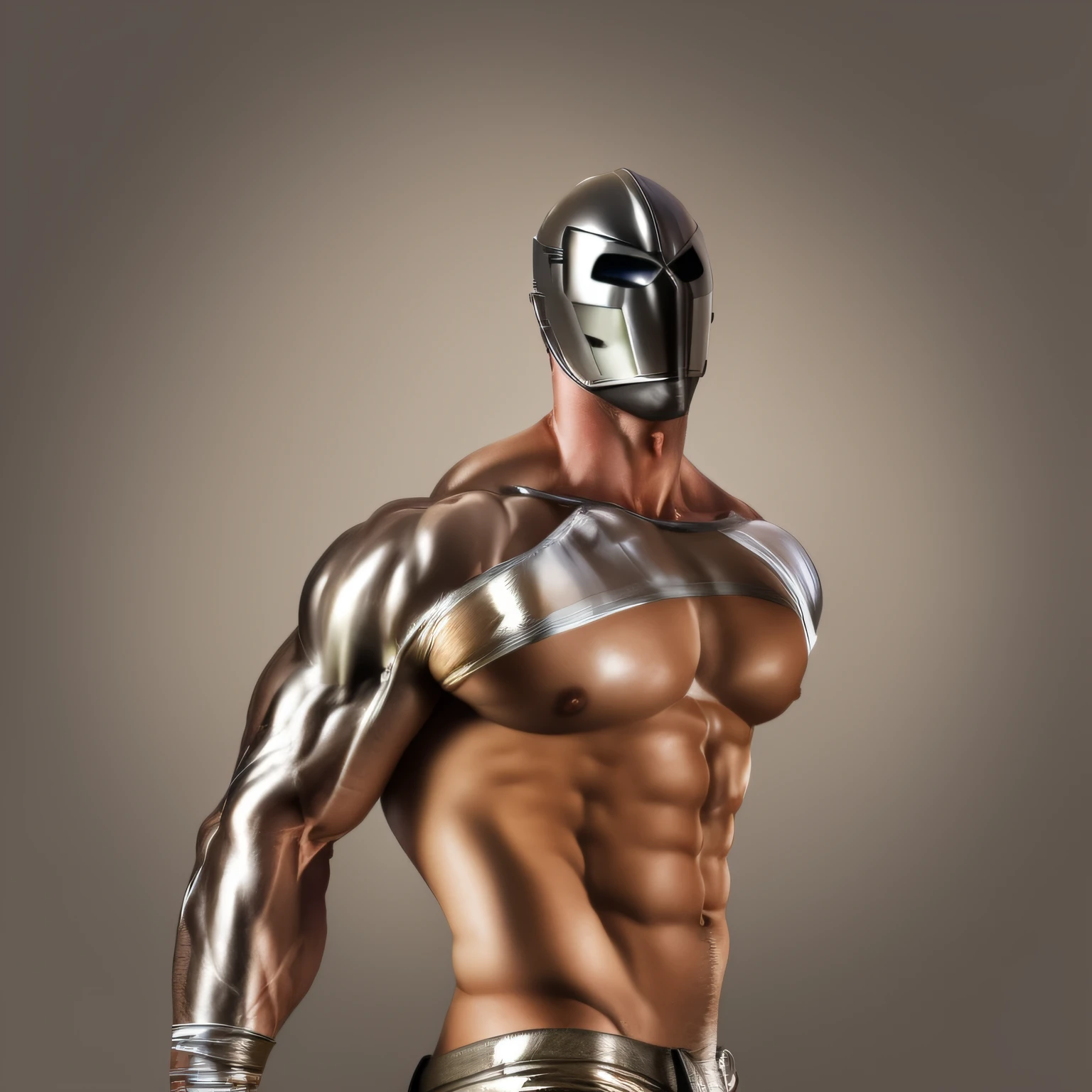 realistic beautiful handsome muscular naked bodybuilder man with a metallic mask over his lower face, low angle view, simple background
