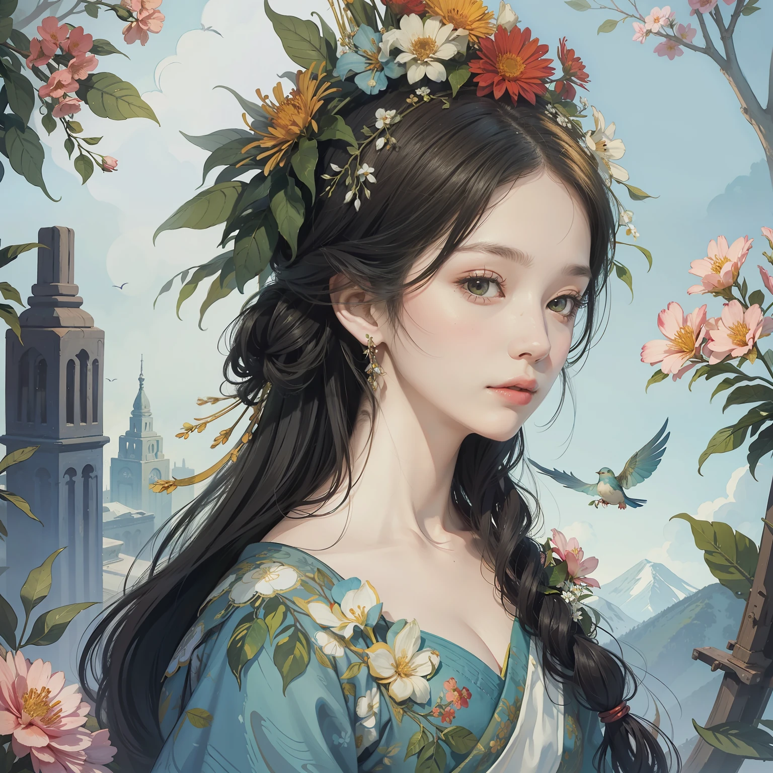 a painting of a woman with flowers and leaves on her head and a bird on her shoulder by James Jean