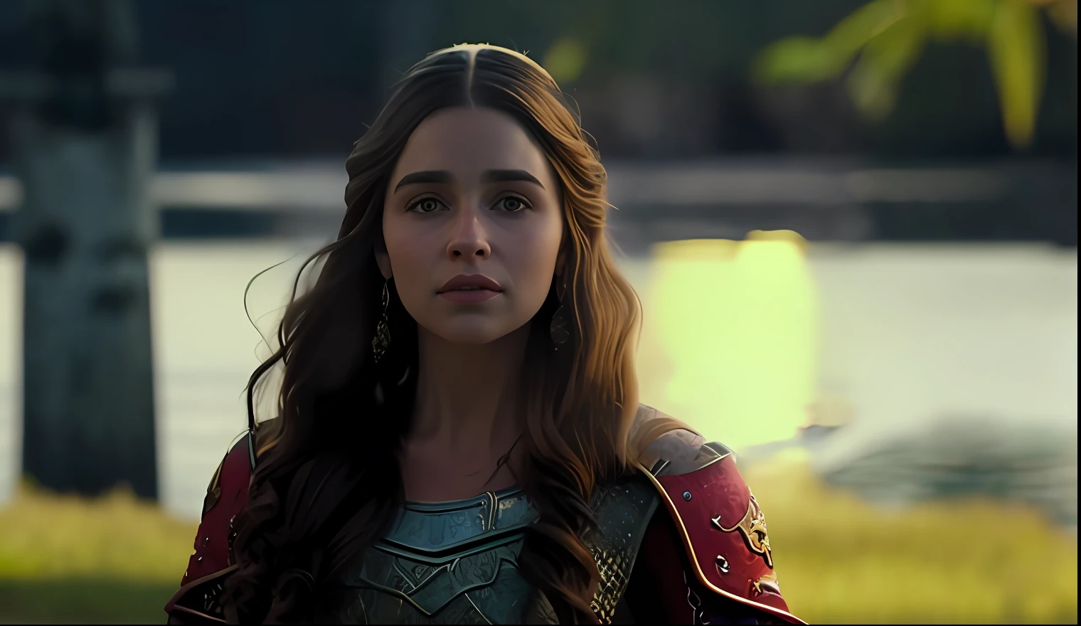 a woman with long hair standing in front of a body of water, Emilia Clarke como uma deusa grega, Ana de Armas como Joana D'Arc, Olivia Culpo como Milady de Winter, A Deusa Hera parecendo irritada, de warcraft, Espinhos, Emilia Clarke, Poots Imogen como Paladino Santo, de tronos