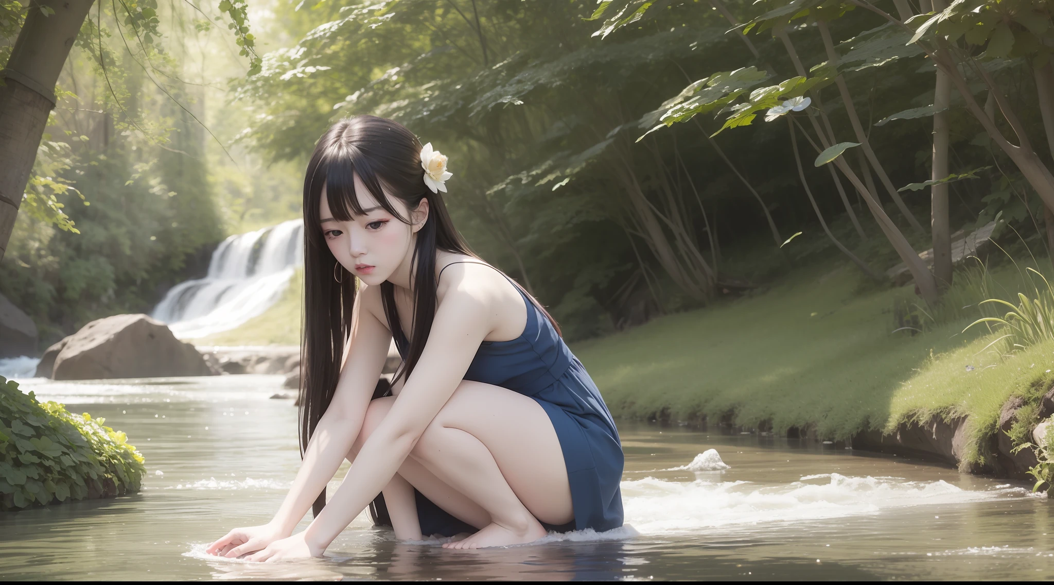 ((4k,masterpiece,best quality)), shuimobysim, Traditional chinese painting, lotuses, Hanfu, maxiskit, Dress conservatively 1girl, solo, blue long hair, weeping, crouch, Feet in the water, The barefoot,
