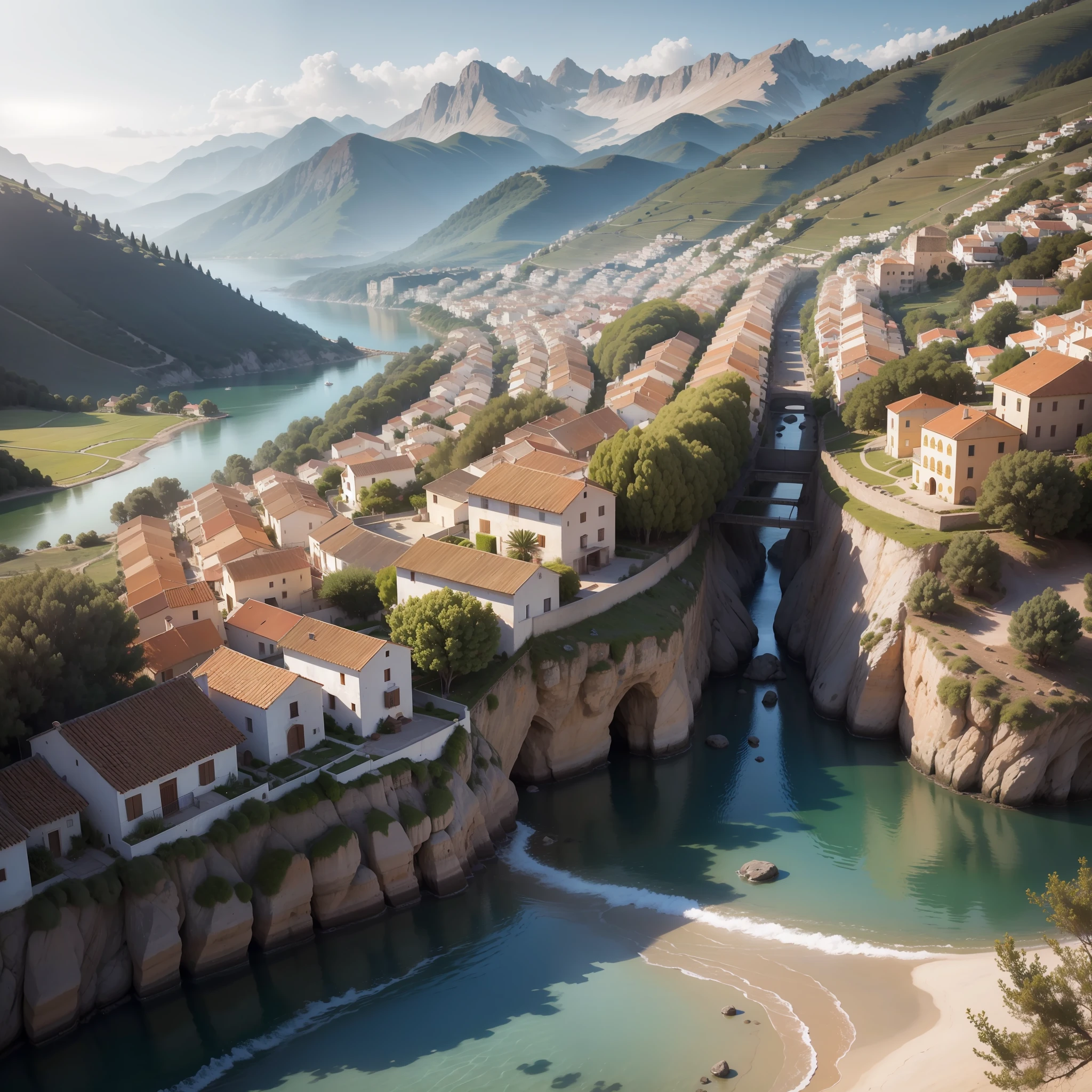 "Paisaje de naturaleza, Classic Spanish Village, atardecer, alta calidad, detalles minuciosos".