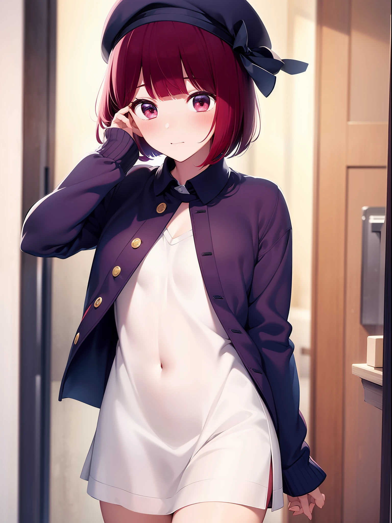 1 girl, graduation bob, straight short hair, mediumvioletred hair, mediumvioletred eyes, big droopy eyes, small beret, selfish, ashamed, close eyes, blushing