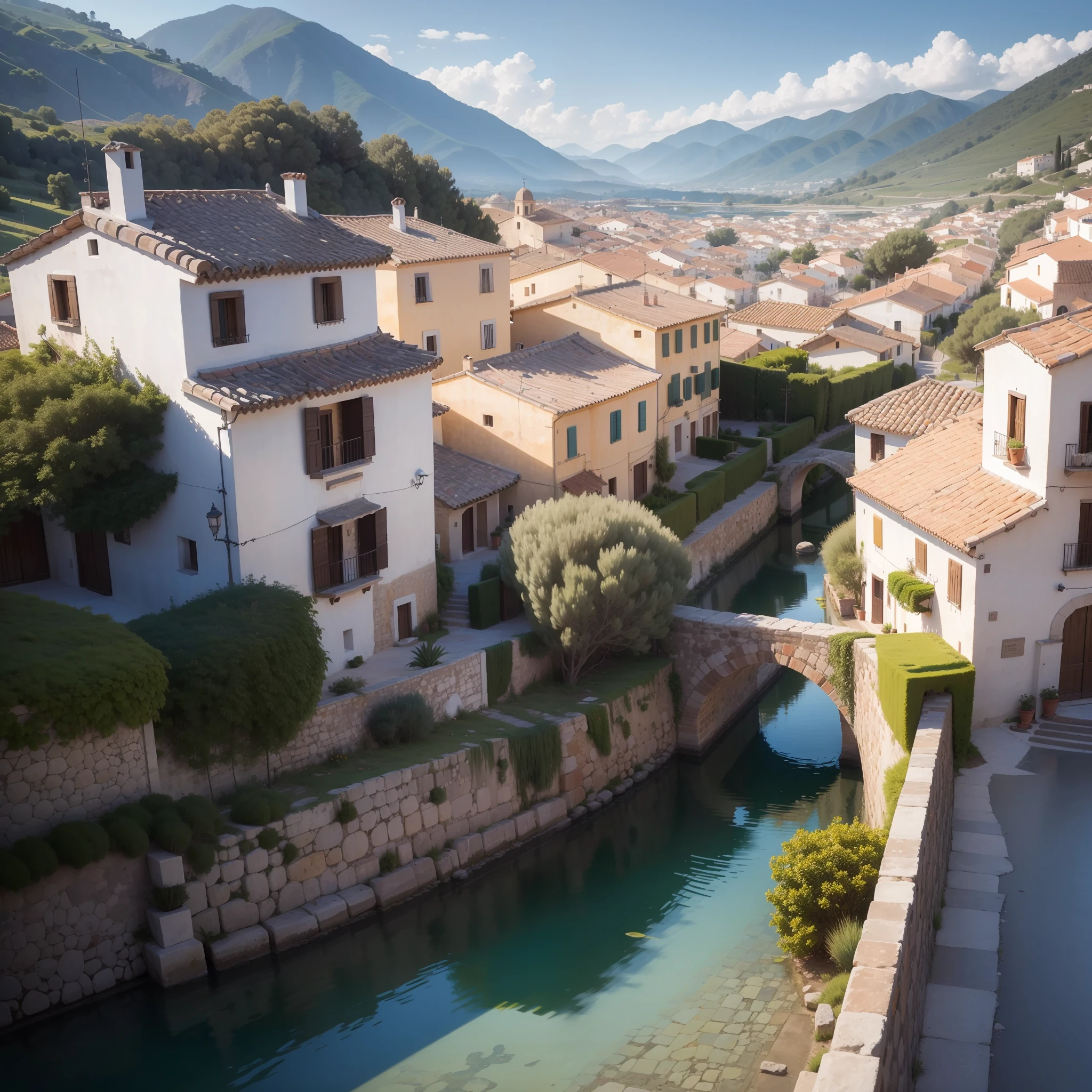 "Paisaje de naturaleza, Classic Spanish Village, atardecer, alta calidad, detalles minuciosos".