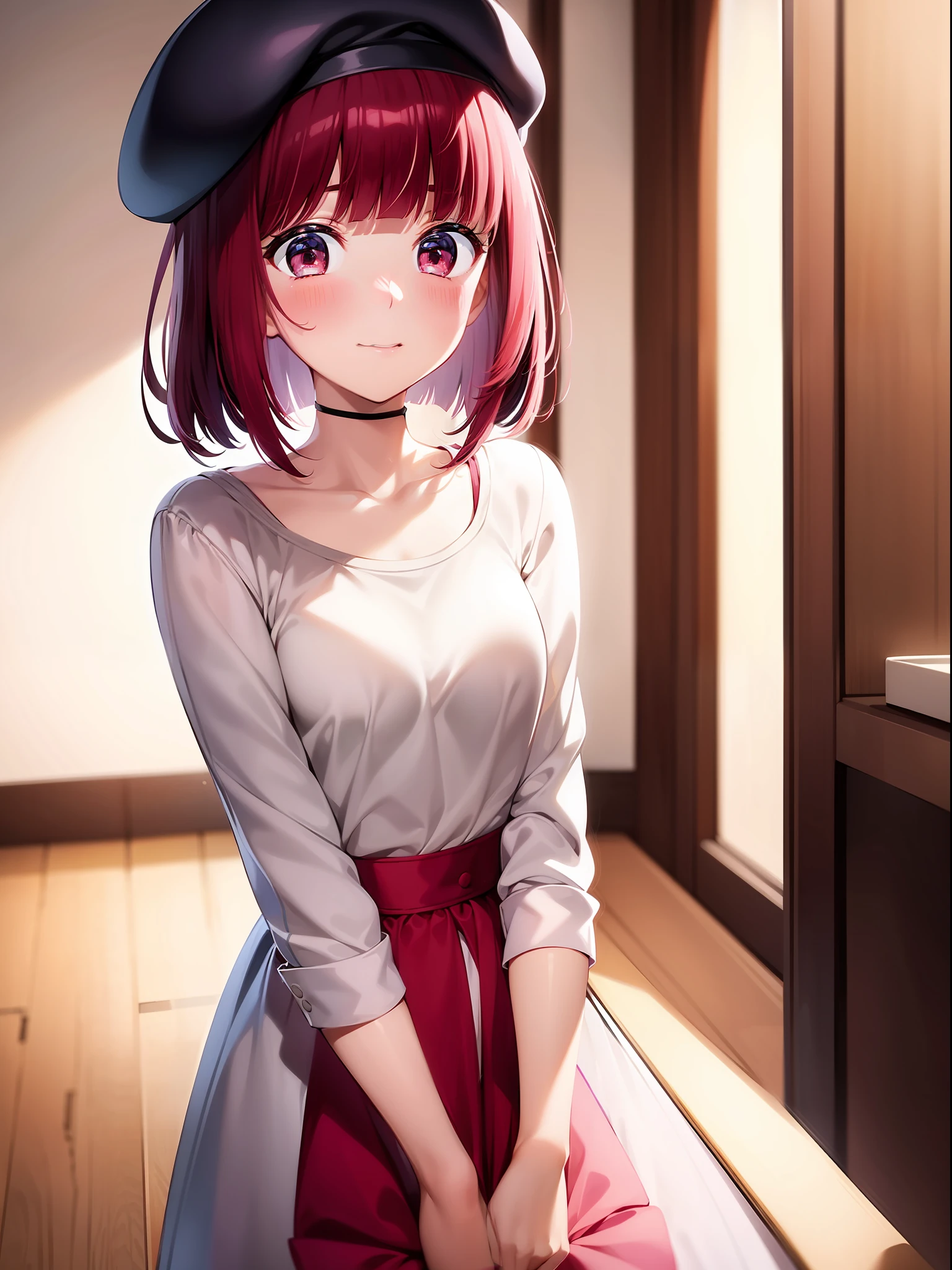 1 girl, graduation bob, straight short hair, mediumvioletred hair, mediumvioletred eyes, big droopy eyes, small beret, selfish, ashamed, close eyes, blushing