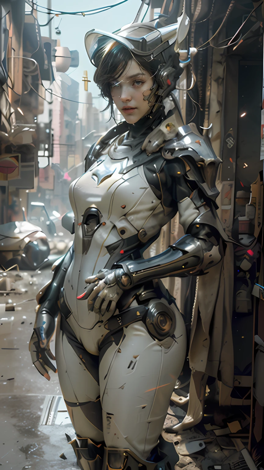 ((best quality)), ((masterpiece)), ((realistic)), (detailed), (photorealistic:1.5), a futuristic girl, (thick body), (white bodysuit), lights on armor, cybernetic headwear, looking at viewer, dynamic pose, post apocalyptic, destroyed city background, buildings on fire, science fiction, hdr, ray tracing, nvidia rtx, super-resolution, unreal 5, subsurface scattering, pbr texturing, post-processing, anisotropic filtering, depth of field, maximum clarity and sharpness, rule of thirds, 8k raw, (luminescent particles:1.4), (extremely detailed cg, unity 8k wallpaper, 3d, cinematic lighting, lens flare), reflections, sharp focus, cyberpunk art, cyberpunk architecture,