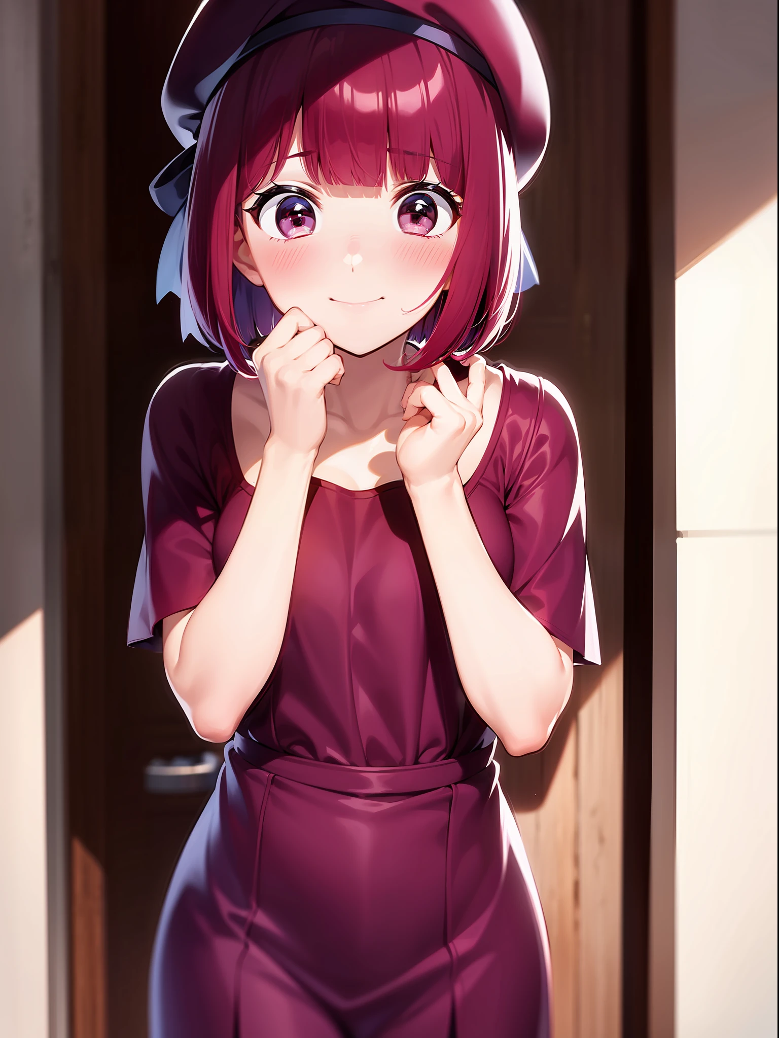 1 girl, graduation bob, straight short hair, mediumvioletred hair, mediumvioletred eyes, big droopy eyes, small beret, selfish, ashamed, close eyes, blushing