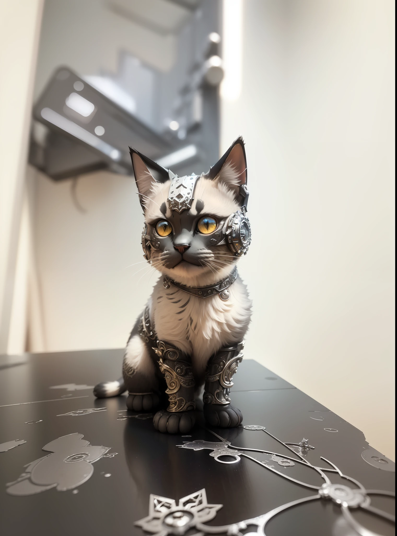 ((Best quality)), ((masterpiece)), (detailed: 1.4), 3D, a cute kitten made of metal, cyborg, cyberpunk style, (((intricate details)), hdr, (((intricate details, hyperdetailed)), cinematic shot, vignette