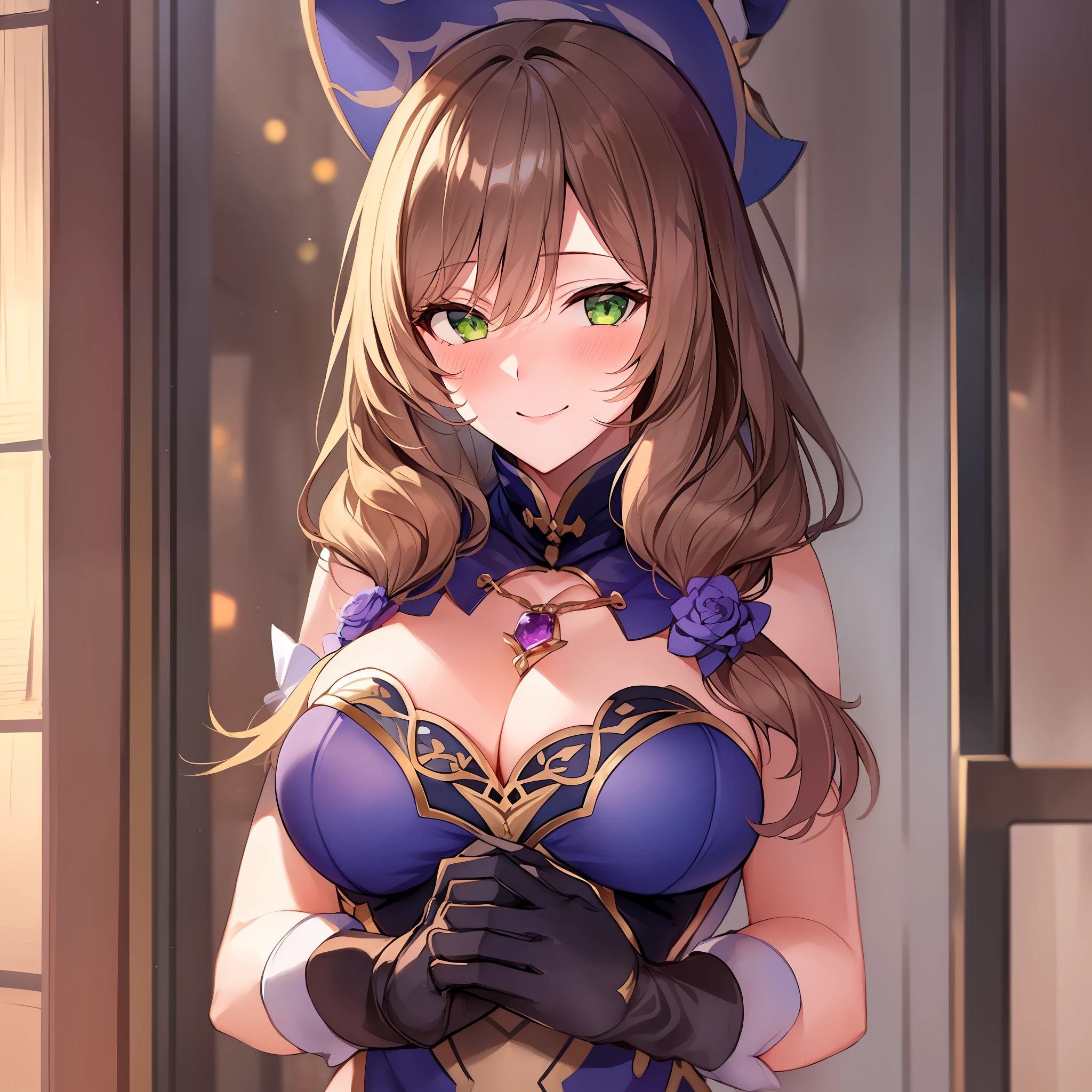 1girl, solo, lisadef, cleavage, smiling, (blushing:1.2), (grabbing breasts:1.6)