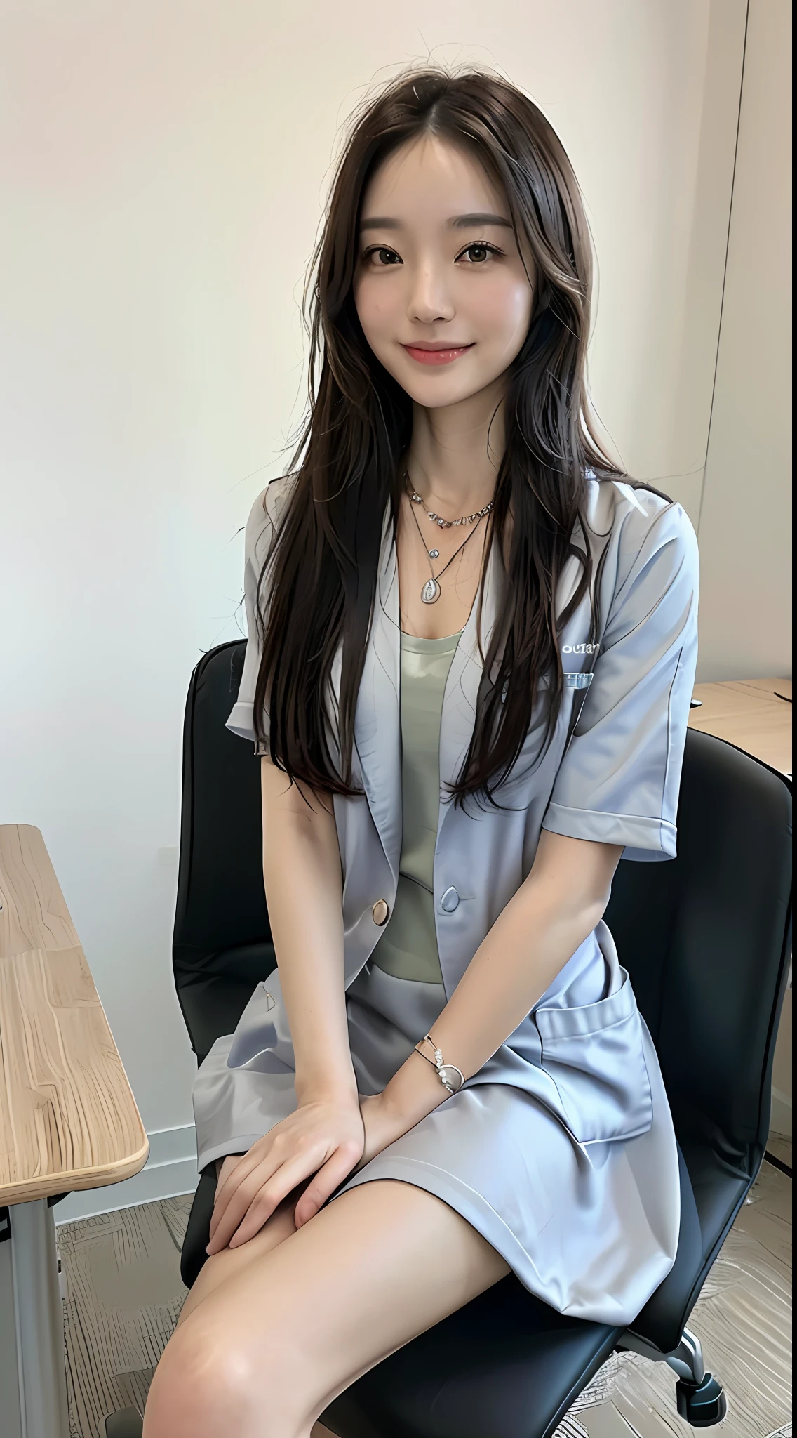 ((top-quality、8K、masterpiece:1.3))、((1womanl))、((A Japanese Lady))、((A MILF))、((45 yers old))、((slim figure))、((Female Ophthalmologist))、((Detailed eye examination room))、((Office Desk))、((Office Desk Tonometer))、((Detailed office chair))、((Sitting on an office chair))、((beautifully detailed hair))、((Float NovaFrogStyle))、((Black hair Long hair))、((Extraordinary beauty))、((Beautiful and ultra-detailed face))、((kindly smile))、((Detailed lab coat))、((Beautiful and detailed scruff))、((Detailed necklace))、((Beautiful and detailed hands))、((Detailed long skirt))、((Sitting cross-legged))、((Detailed beautiful legs))、((Beautiful and detailed ankles))、((Detailed anklet))