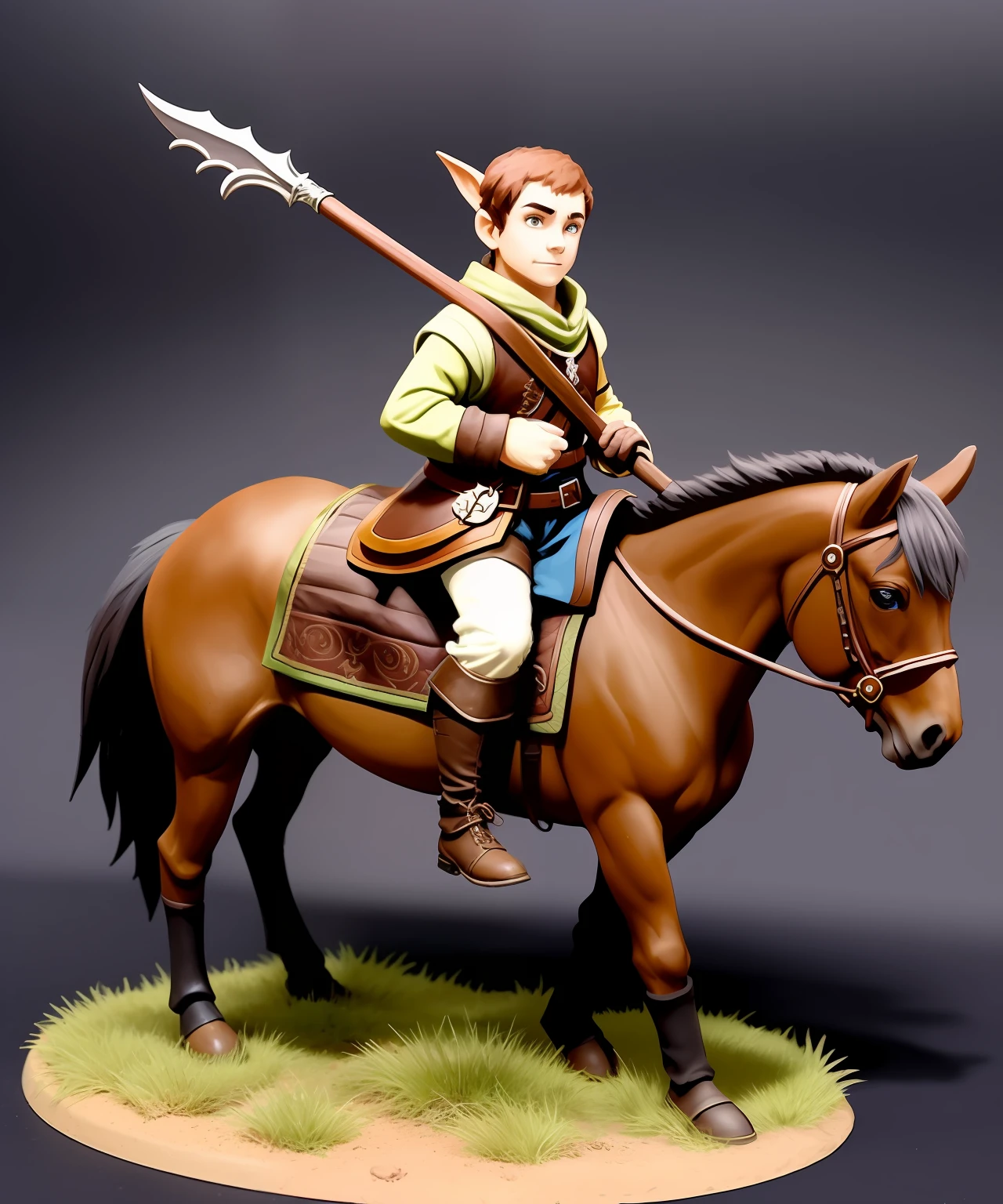 Personagem de dungeons and dragons, halfling, idosa, senhora, 90 anos, lanceira, montada em um cavalo de guerra