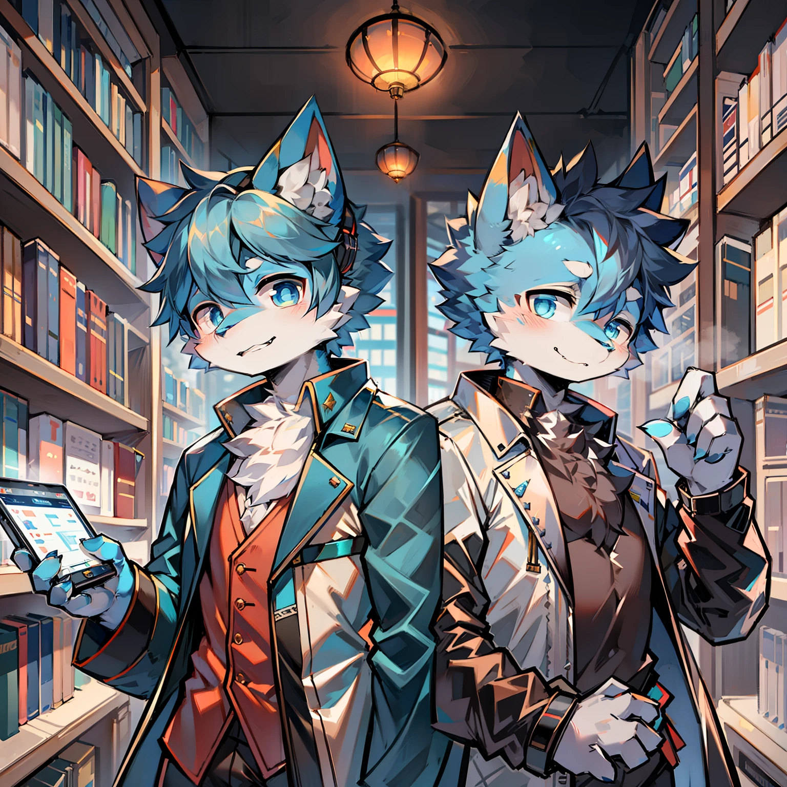 Cybermetropolis,Male blue cat,Electronic left eye,Chinese trench coat,libraryai,music sheets