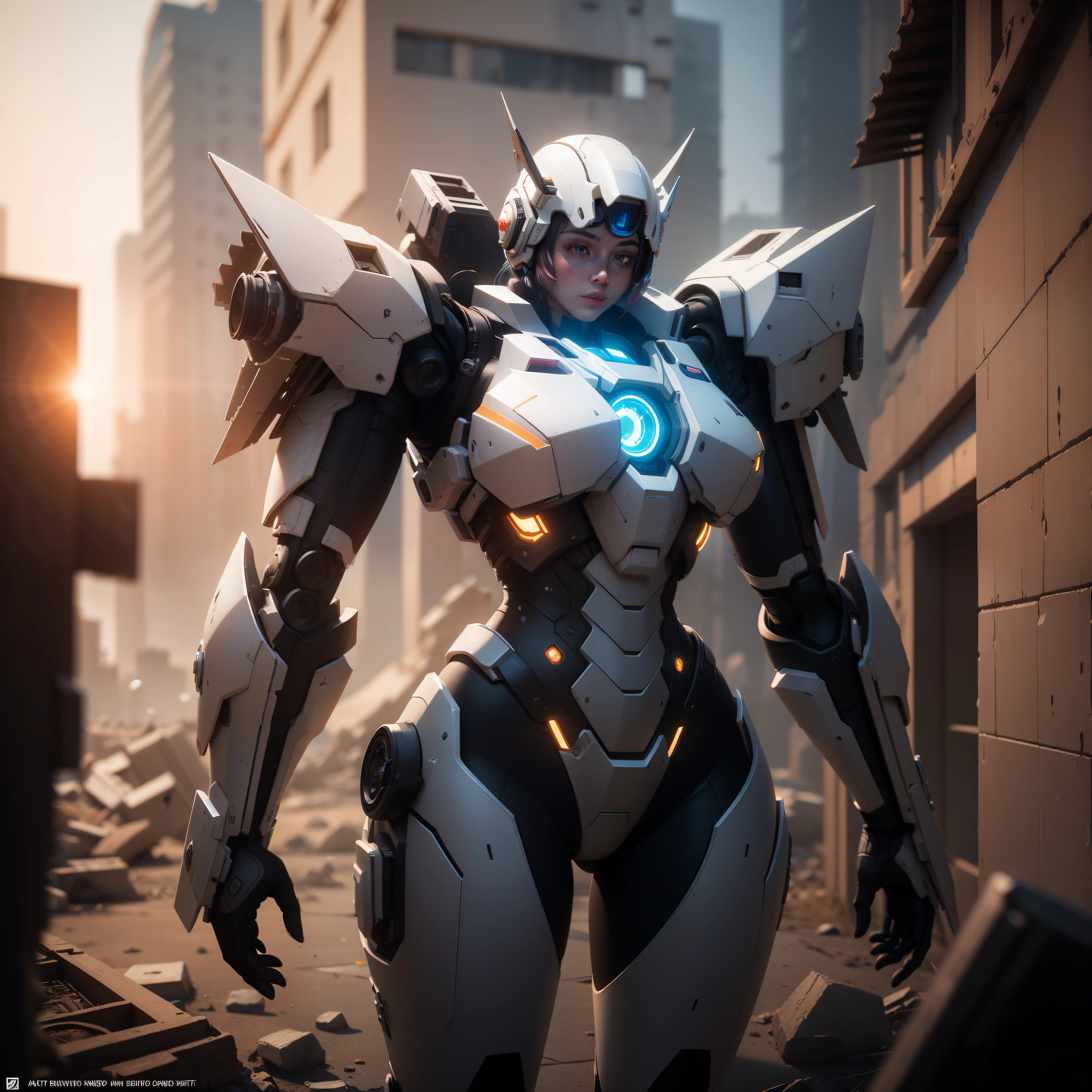 ((Best Quality)), ((Masterpiece)), (Very Detailed:1.3), 3D, Shitu-mecha, Beautiful cyberpunk woman with her pink mech in the ruins of a city in the forgotten war, Ancient technology, HDR (High Dynamic Range), ray tracing, NVIDIA RTX, super resolution, unreal 5, subsurface scattering, PBR texture, post-processing, anisotropic filtering, depth of field, maximum sharpness and sharpness, multi-layer texture, albedo and highlight maps, surface shading, Accurate simulation of light-material interactions, perfect proportions, octane rendering, duotone lighting, low ISO, white balance, rule of thirds, wide aperture, 8K RAW, efficient sub-pixels, subpixel convolution, luminescent particles, light scattering, Tyndall effect