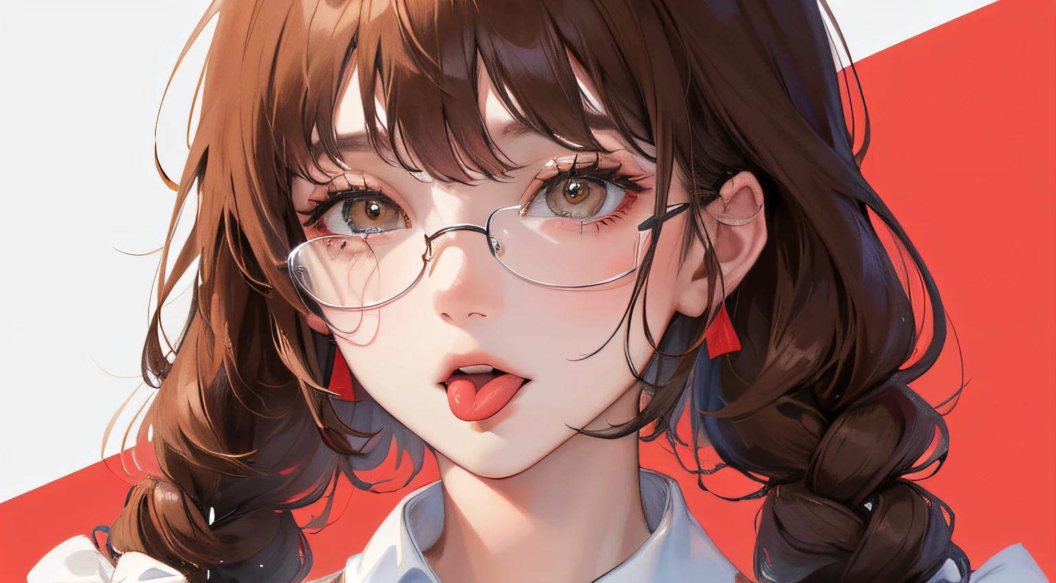 (Top resolution、Distinct_image) best qualtiy、(((1人の女性)))、​masterpiece、ighly detailed、(put out the tongue)、eye glass、Semi-realistic、Brown hair、Braided hairstyle、deadpan、bangss、21 years old、Mature、年轻、White blouse、Red background、delicated facial features、Facial features、mid-shot、