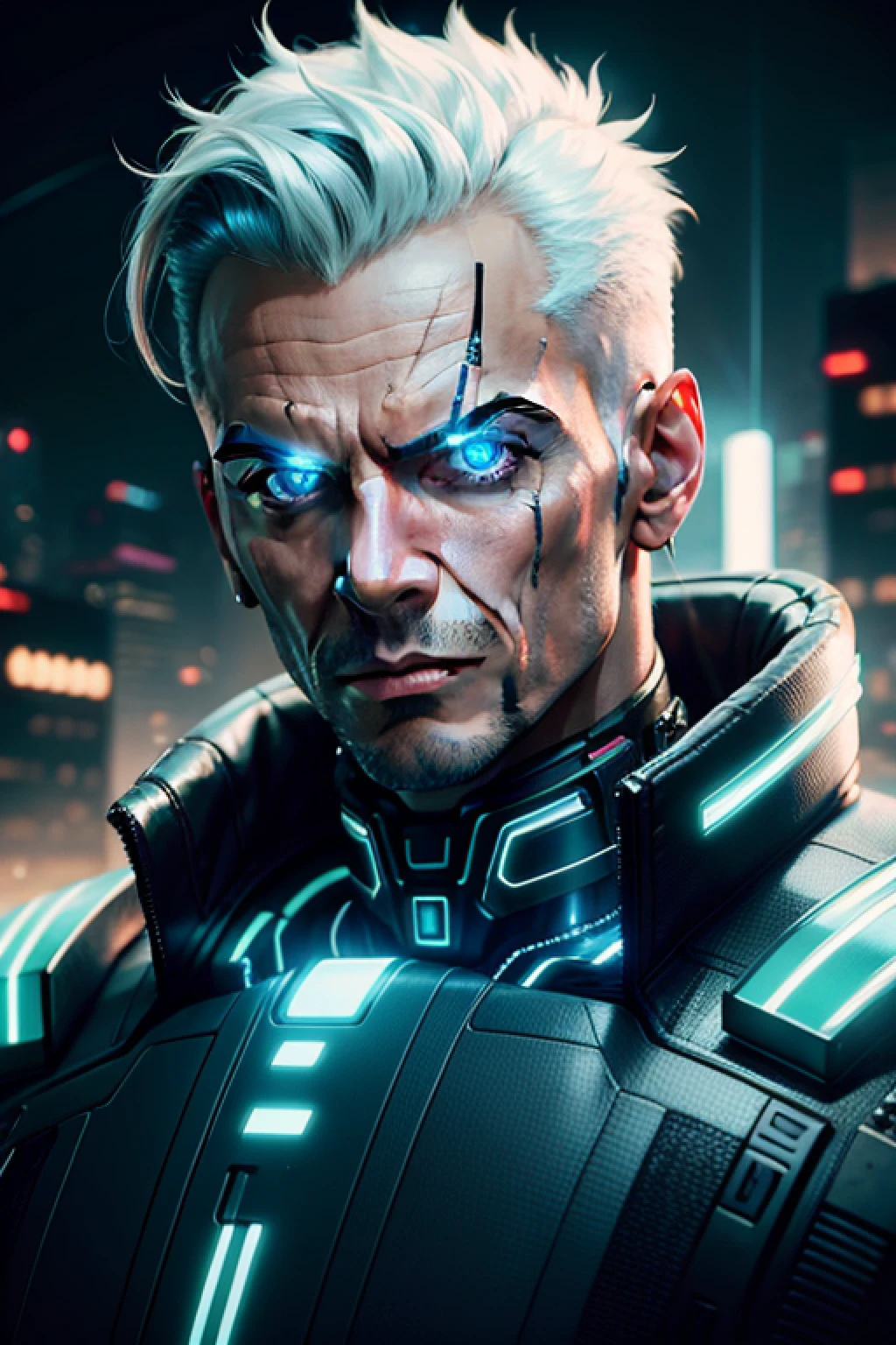 Retrato, with intense fluorescent illumination, A man with futuristic-style cybernetic implants, em uma cidade cyberpunk, 8k image quality and HDR effect - 3 aspect ratio:2.