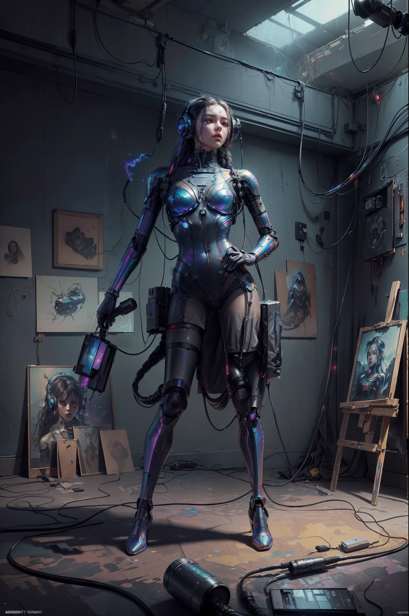 (masterpiece, best quality, highres, absurdres, detailed:1.2), humanoid, robot, wearing headphones, looking away, (cyberpunk, art canvas, paint brush, easel, iridescent, holographic: 1.6), (cables, wires, flames, fire, smoke, overheat, explosion, indoors, room, simple background)