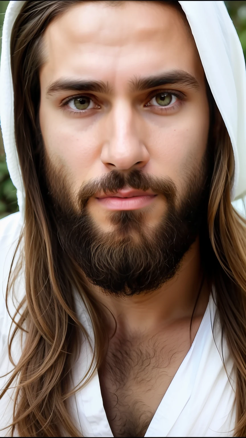 Homem com cabelos longos e barba vestindo um manto branco, homem bonito barbudo, homem muito atraente com barba, Retrato de Jesus Cristo, homem barbudo, Retrato close up do cara, close - foto retrato acima, barbado, barba marrom longa, rosto masculino bonito, Close Up foto retrato, cara com barba, close up foto de retrato, bonito rosto detalhado