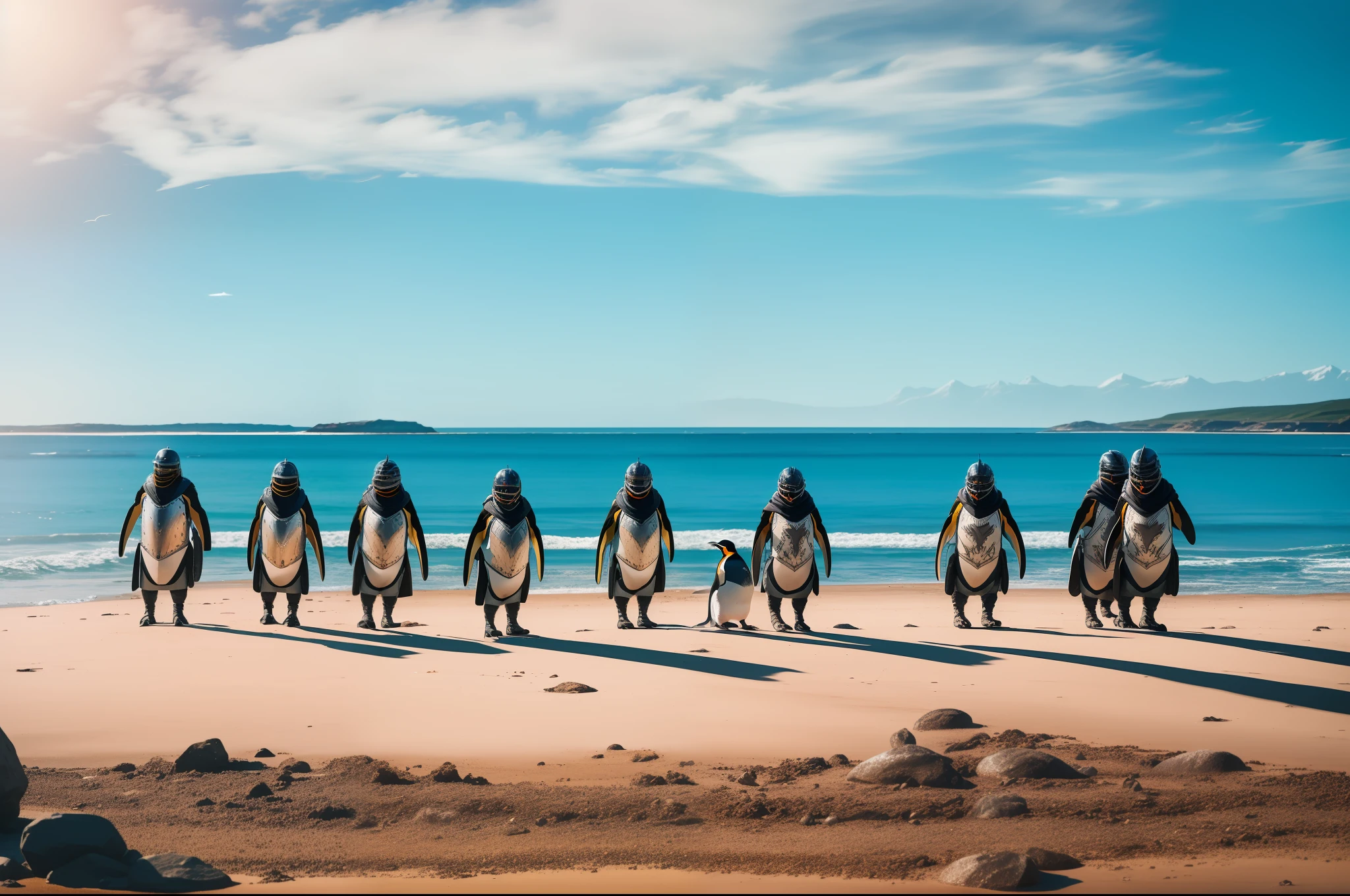 Penguins with armour, shield, helmet, ready to the battle. Rocky beach as background. Illuminated by natural light.