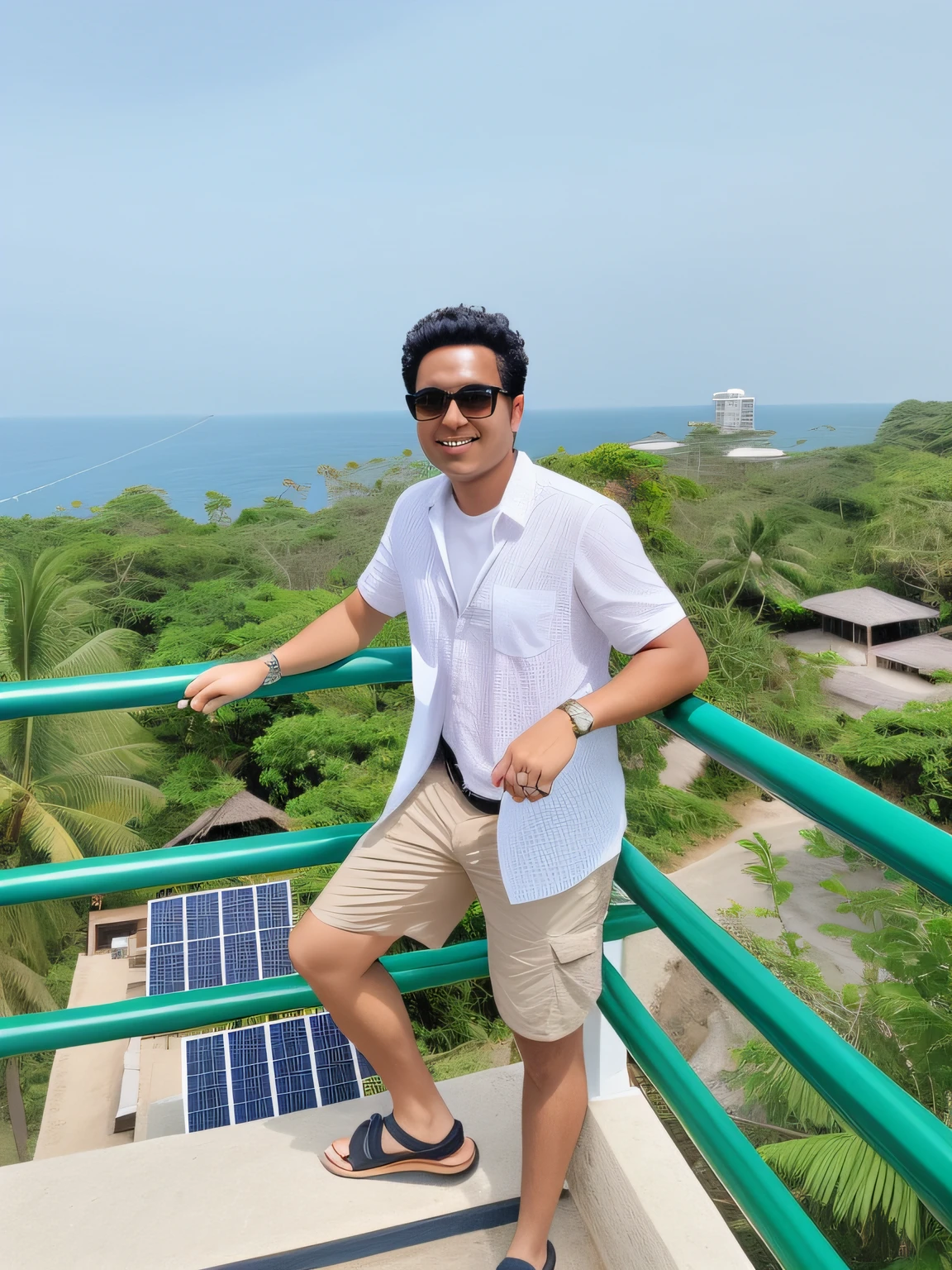 arafed man standing on a balcony with a solar panel, jungles in the background, in front of a forest background, with a cool pose, the ocean in the background, connected with hanging bridge!!, with earth in the background, taken with the best dlsr camera, stylish pose, chill time. good view, ocean in the background