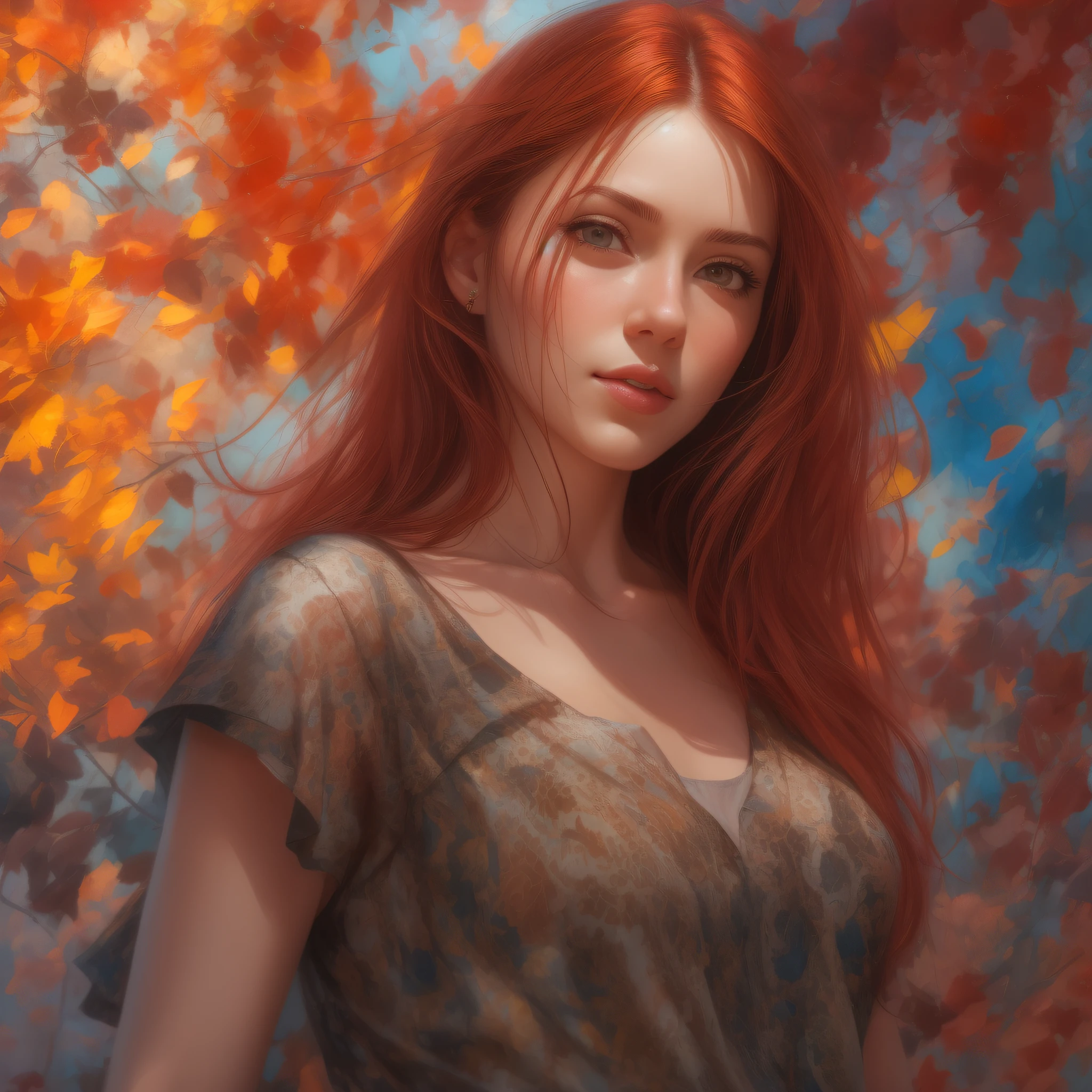 (1girl: 1.3), 独奏, close-up, portrait, girl of Slavic appearance, twenty five years, beautiful female breasts, women's topic, long hair, lush hair, red hair color, super detailed face, anatomically correct, realism, hyperrealism masterpiece, hyper realistic face, hyper realistic facial features, super details, high detail, Color Field painting, drop shadow, glowing light, bright colors, expressive colors, anatomical correctness of the hands, ray tracing, Sony FE GM, UHD, 16k, best quality, higher, super detail, anatomically correct, hyper realistic clothing textures, hyper realistic fabric textures, textured skin, photorealism, ccurate, masterpiece, high details, high quality, best quality, highres