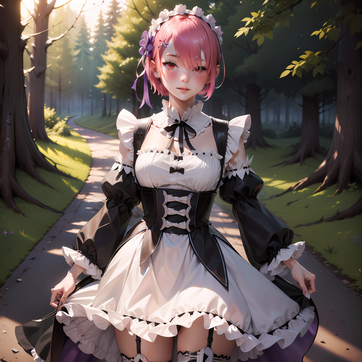 masterpiece, best quality, highres, ram1, 1girl, solo, ram \(re:zero\), pink hair, white thighhighs, short hair, red eyes, hair over one eye, ribbon trim, hair ribbon, x hair ornament, frills, maid headdress, waist apron, garter straps, black ribbon, small breasts, long sleeves, white apron, neck ribbon, purple ribbon, wide sleeves, hair flower, holding weapon, outdoors, night, forest, torn clothes, blood on clothes, injury,