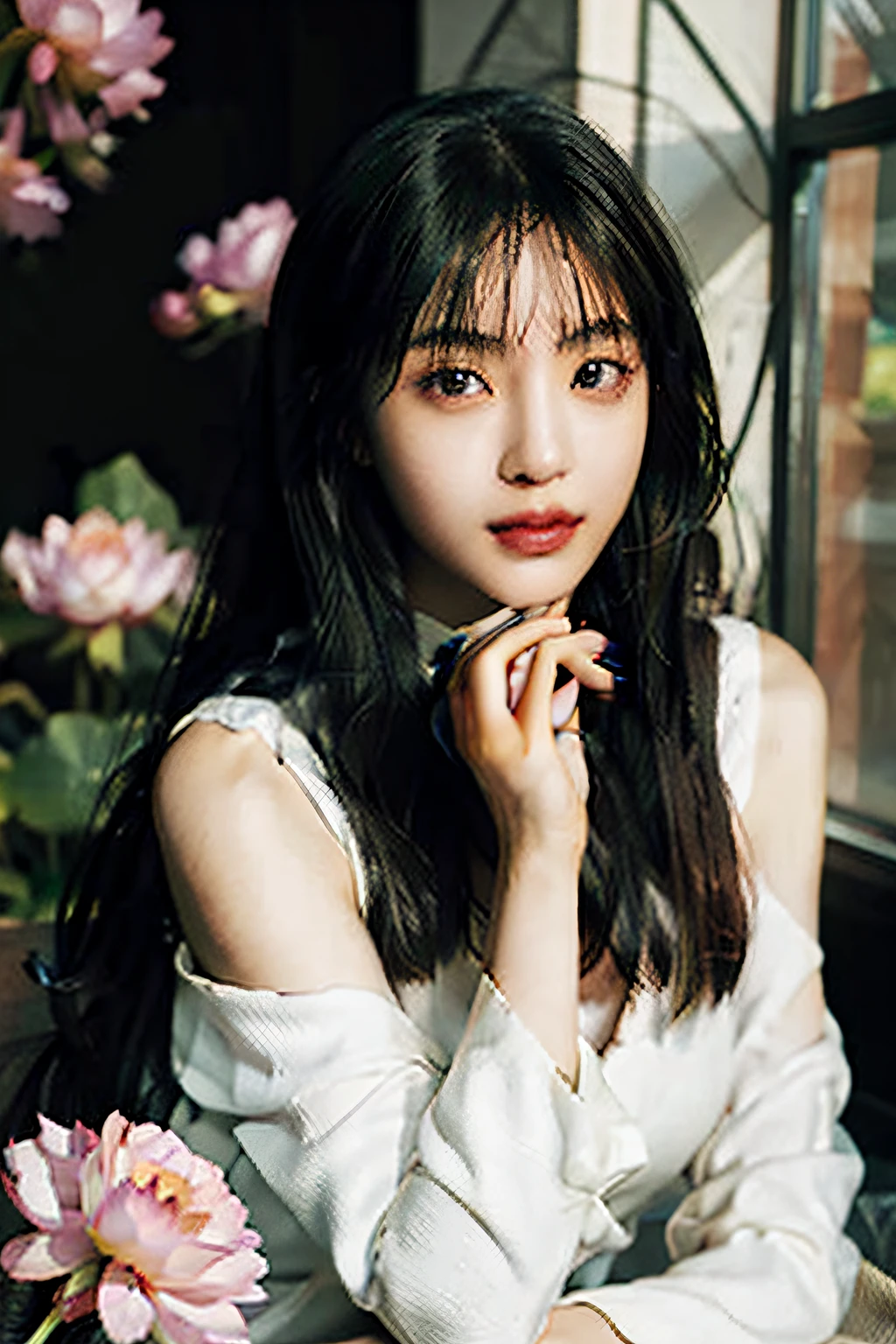 araffe woman sitting on a bench with a flower in front of her, jinyoung shin, lee ji - eun, lee ji-eun, jaeyeon nam, hwang se - on, bae suzy, ulzzang, portrait of female korean idol, park ji-min, korean girl, cute korean actress, beautiful south korean woman, female actress from korea