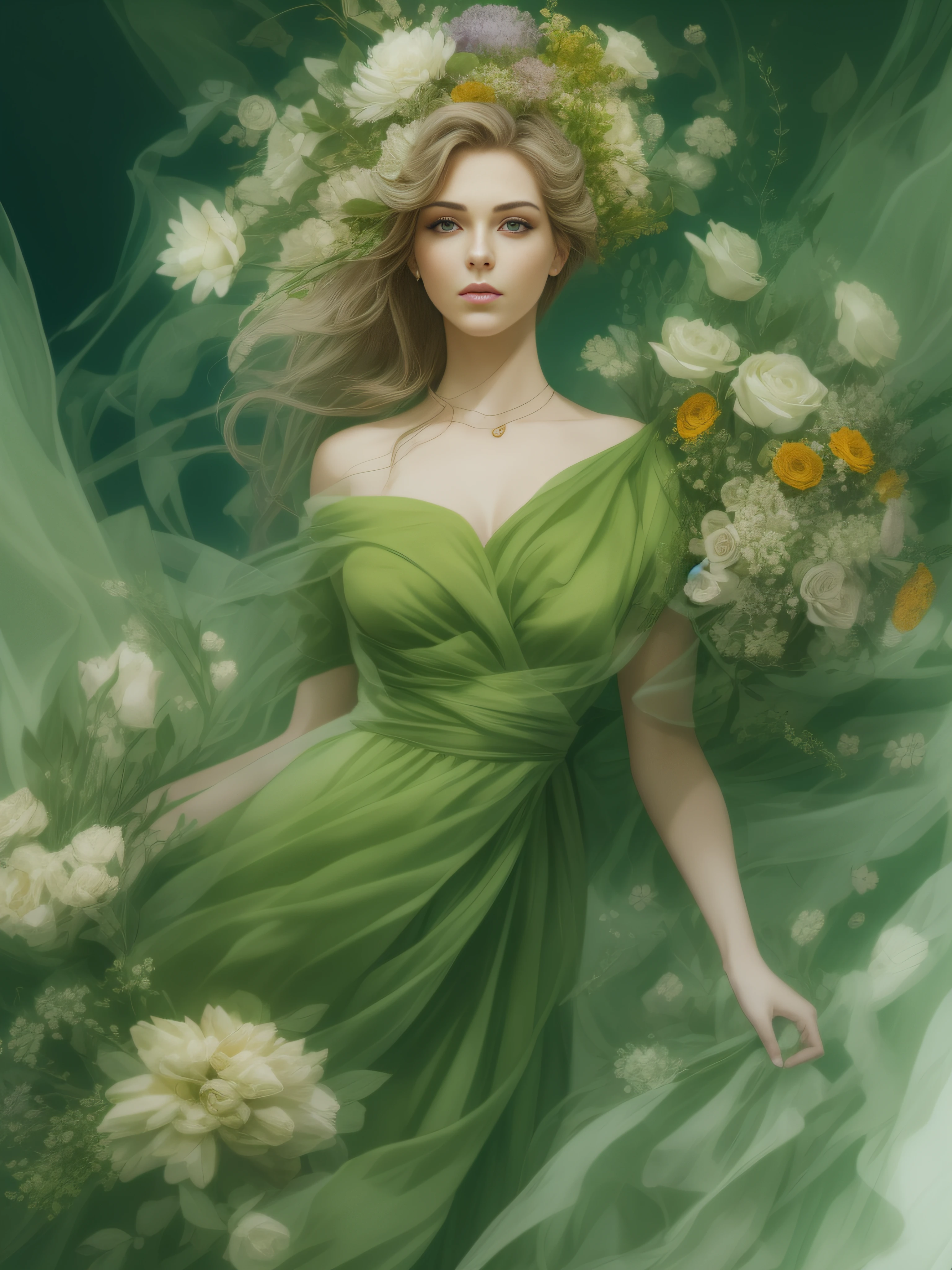 Very beautiful woman in a green dress with a bouquet of luxurious flowers