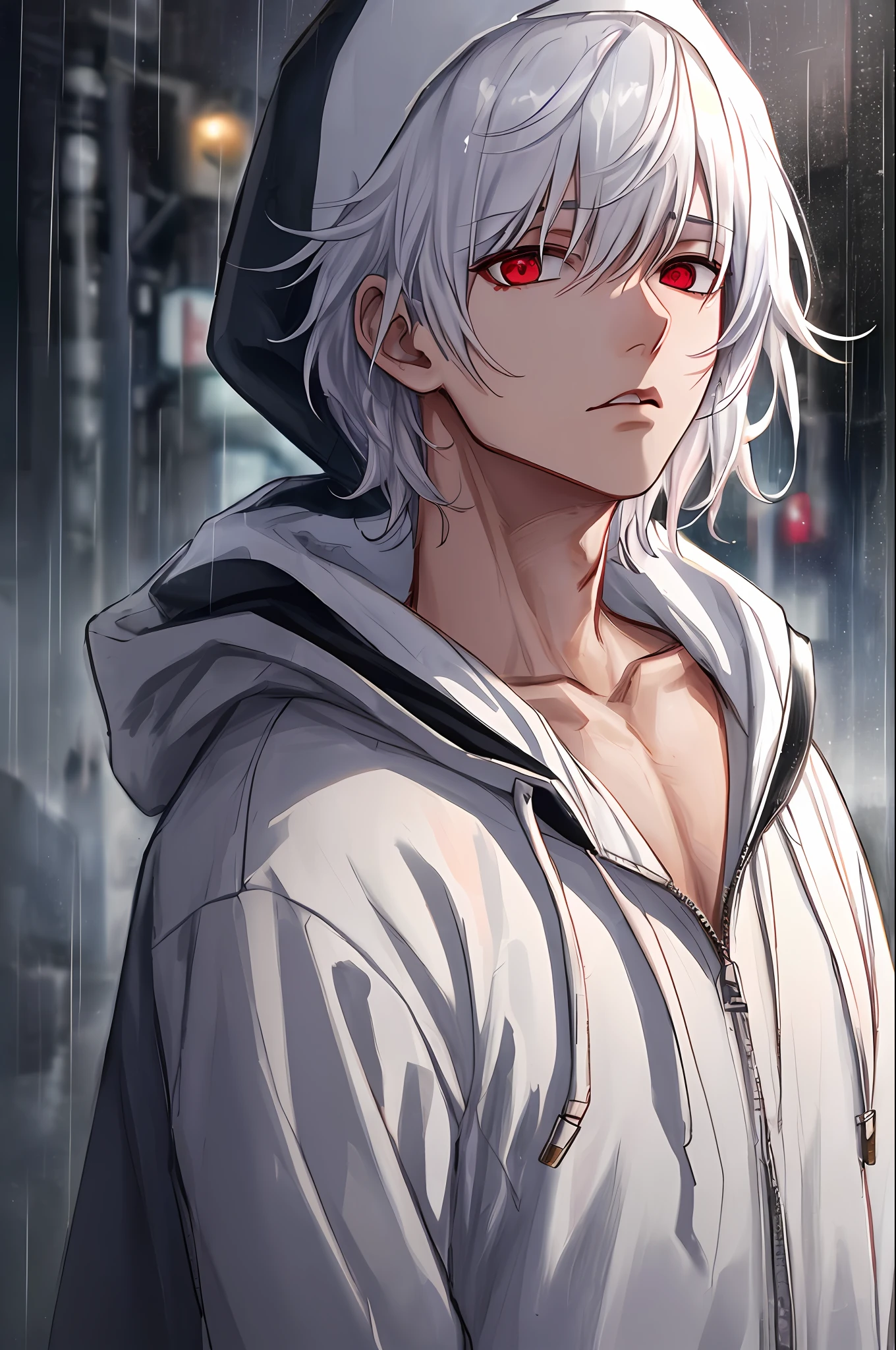 kk, best quality, more details, masterpiece, 1boy, kaneki ken, portrait, male focus, red eyes, solo, bangs, looking at viewer, hood, short hair, rain, tokyo tokyo \(city\), hood up, nail polish, white hair, luxurious, 8k, detailed, ray tracing, depth of field, cinematic lighting,