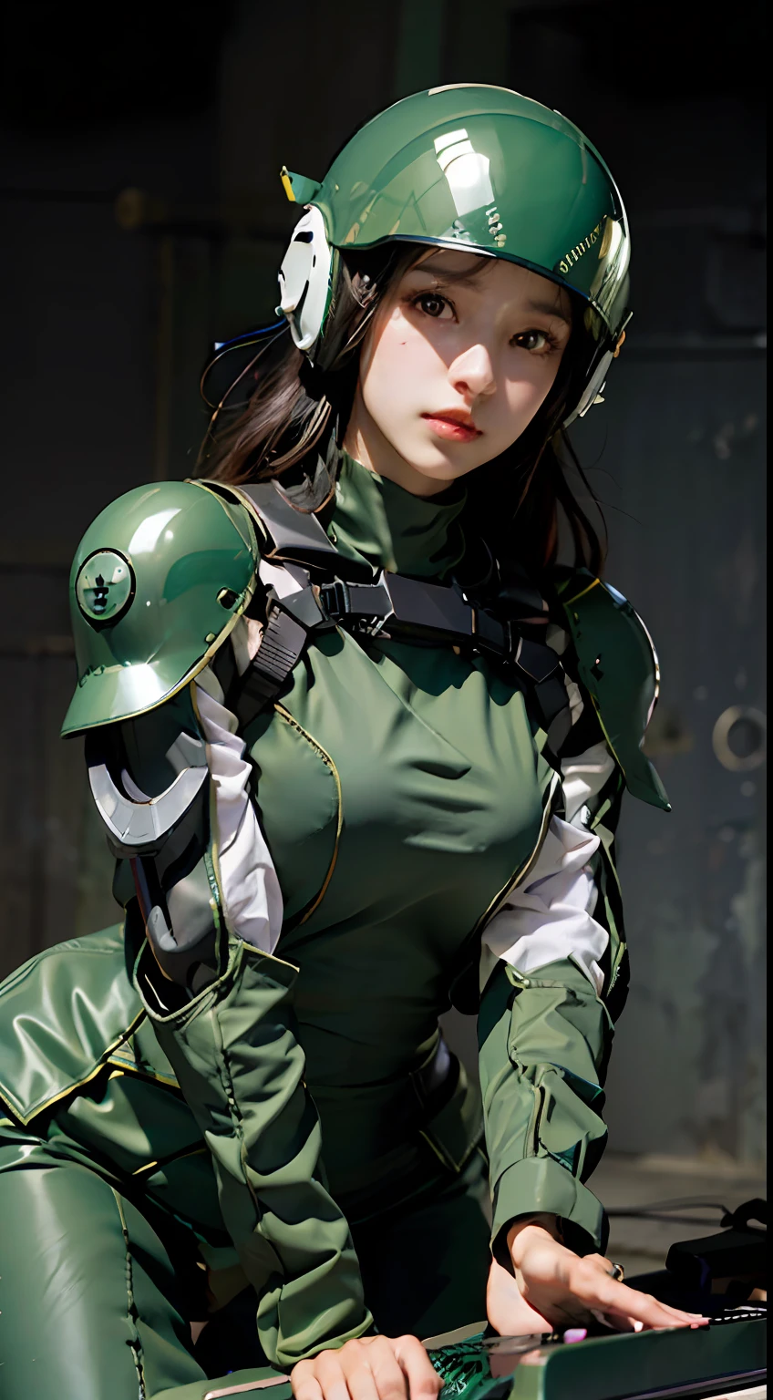 Highest image quality, outstanding details, ultra-high resolution, (realism: 1.4), the best illustration, favor details, highly condensed 1girl, with a delicate and beautiful face, dressed in a black and green mecha, wearing a mecha helmet, holding a directional controller, riding on a motorcycle, the background is a high-tech lighting scene of the future city.