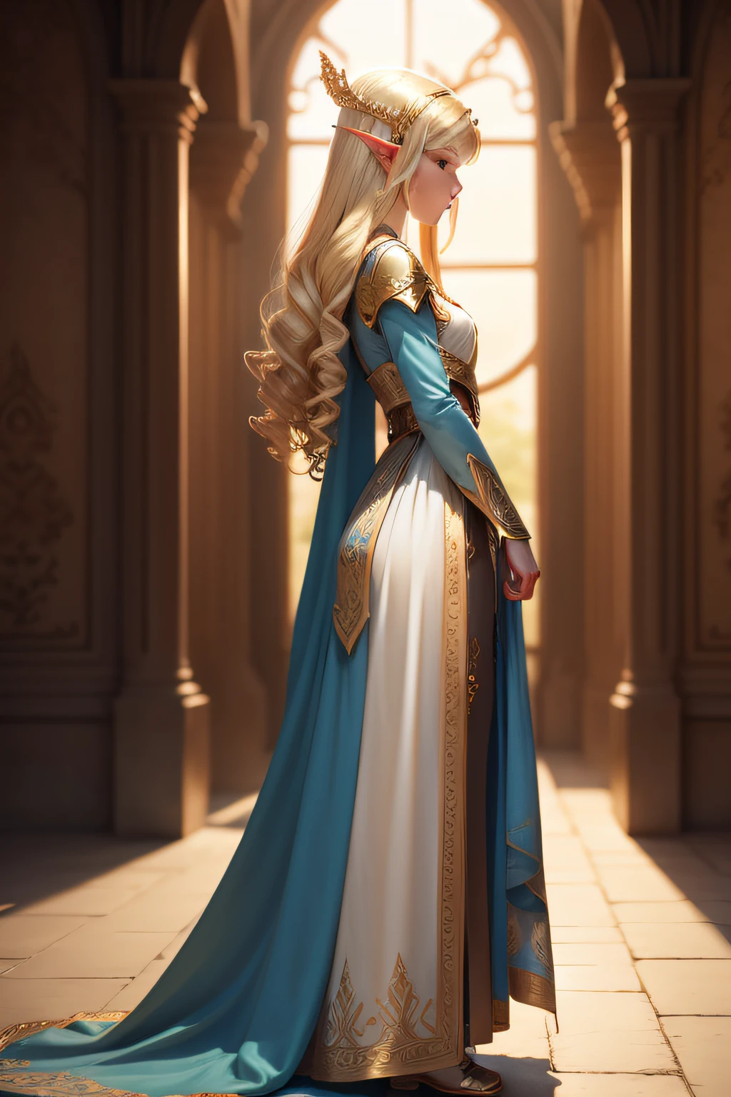 cute and angelical teenager elf blonde princess, long dress, profile side photo, full body, ultra-realistic, master piece