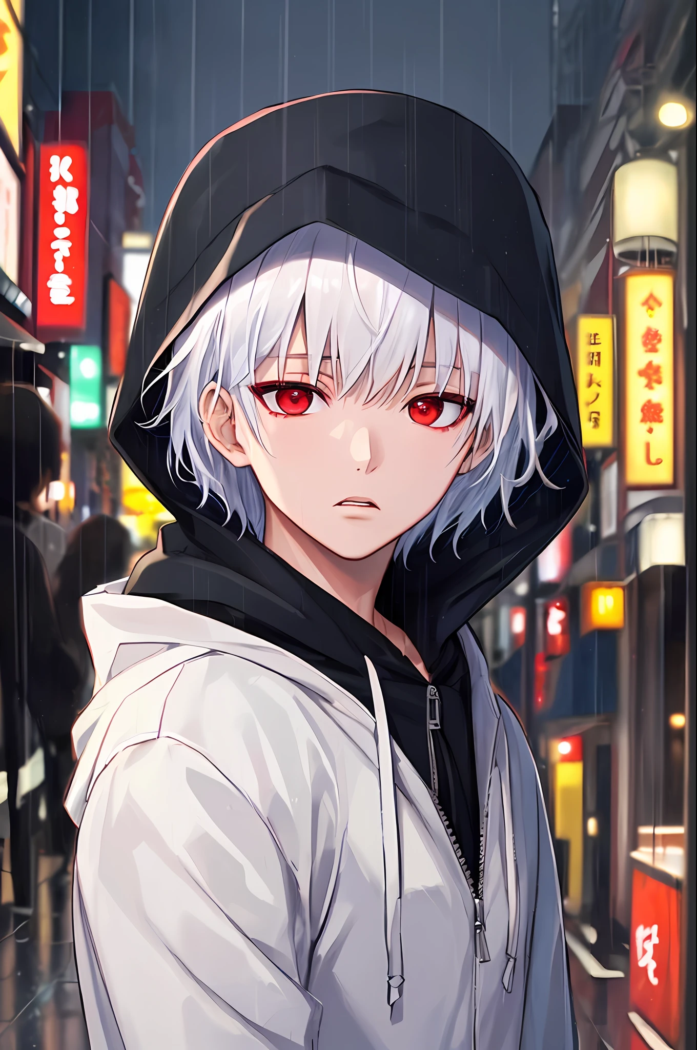 kk, best quality, more details, masterpiece, 1boy, kaneki ken, portrait, male focus, red eyes, solo, bangs, looking at viewer, hood, short hair, rain, tokyo tokyo \(city\), hood up, nail polish, white hair, luxurious, 8k, detailed, ray tracing, depth of field, cinematic lighting,