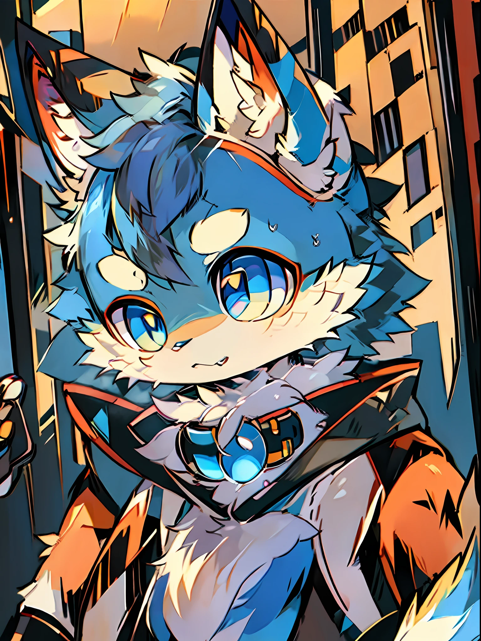 Cartoon cat with blue collar red collar, fursona art, anime cat, Sora as a cat, with glowing eyes, Fully robotic!! cat woman, cute anime catgirl, realistic anime cat, anime catgirl, water dripping off him, commission for high resolution, fursona!!!!, POV furry art, Furry art!!!, cyberpunk cat, professional furry drawing