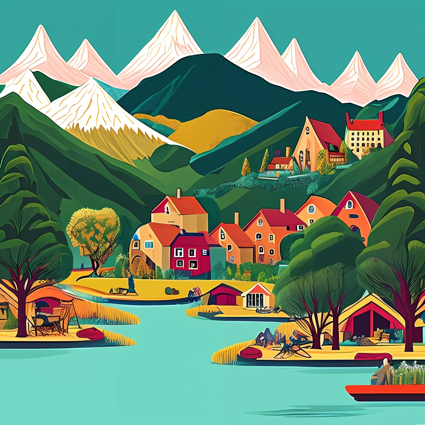 Beautiful village, houses, Mountains, trees, lake, papercurl illustration.