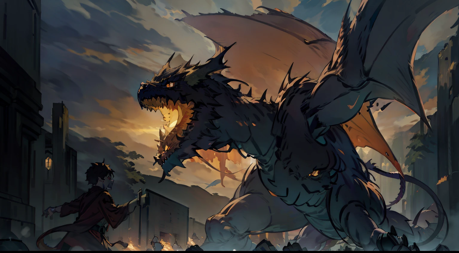In this manga-inspired oil painting, Denji stands defiant before a colossal demon dragon, skillfully controlling it with his glowing eyes and outstretched hands. The intricate forest in the backdrop showcases the artist's attention to detail. Denji appears smaller in comparison to the imposing dragon, emphasizing its menacing presence. Destruction surrounds them, depicted with masterful brushstrokes. The color temperature is warm, invoking a sense of intensity and drama. Lighting casts deep shadows and highlights, intensifying the confrontation. The overall atmosphere is gripping and awe-inspiring. --v 5 --stylize 1000