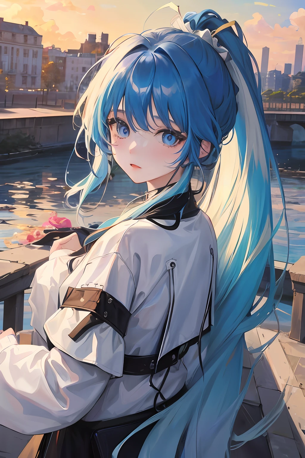 1girll, Colorful clothes, long whitr hair, High ponytail, eBlue eyes, blue-sky, baiyun, multicolored hair, Messy hair, Tonalism, romanticism lain, Contemporary art, Impressionism, reflective light, 8K, Masterpiece, High details, Best quality, ccurate
