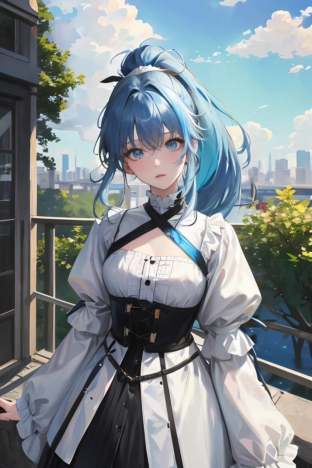 1girll, Colorful clothes, long whitr hair, High ponytail, eBlue eyes, blue-sky, baiyun, multicolored hair, Messy hair, Tonalism, romanticism lain, Contemporary art, Impressionism, reflective light, 8K, Masterpiece, High details, Best quality, ccurate