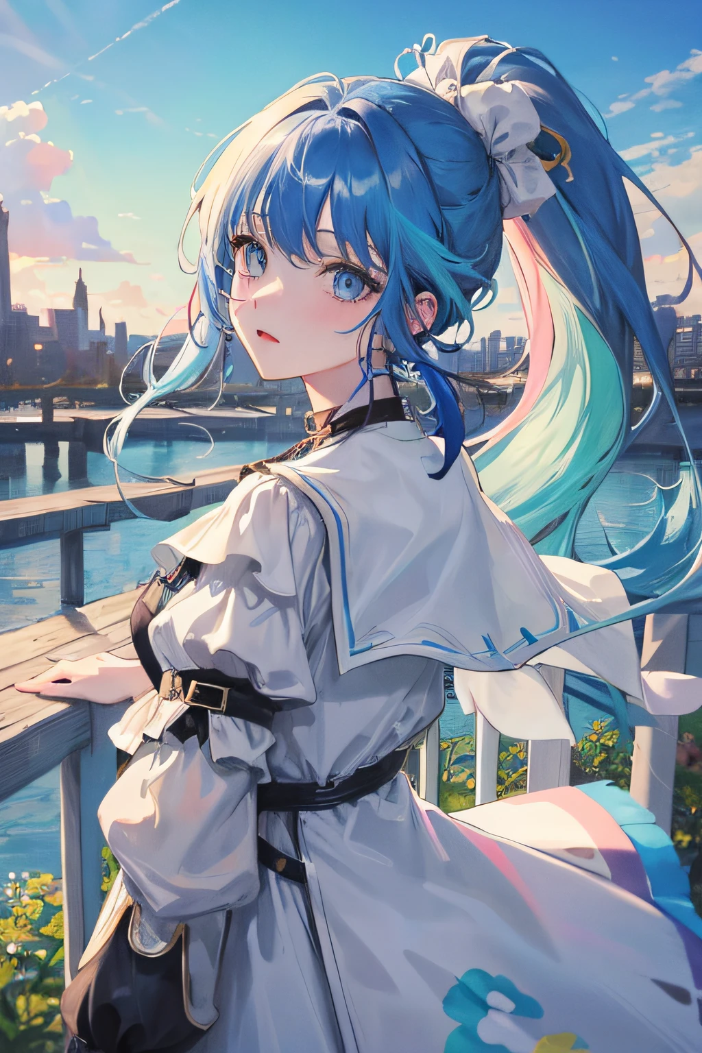 1girll, Colorful clothes, long whitr hair, High ponytail, eBlue eyes, blue-sky, baiyun, multicolored hair, Messy hair, Tonalism, romanticism lain, Contemporary art, Impressionism, reflective light, 8K, Masterpiece, High details, Best quality, ccurate