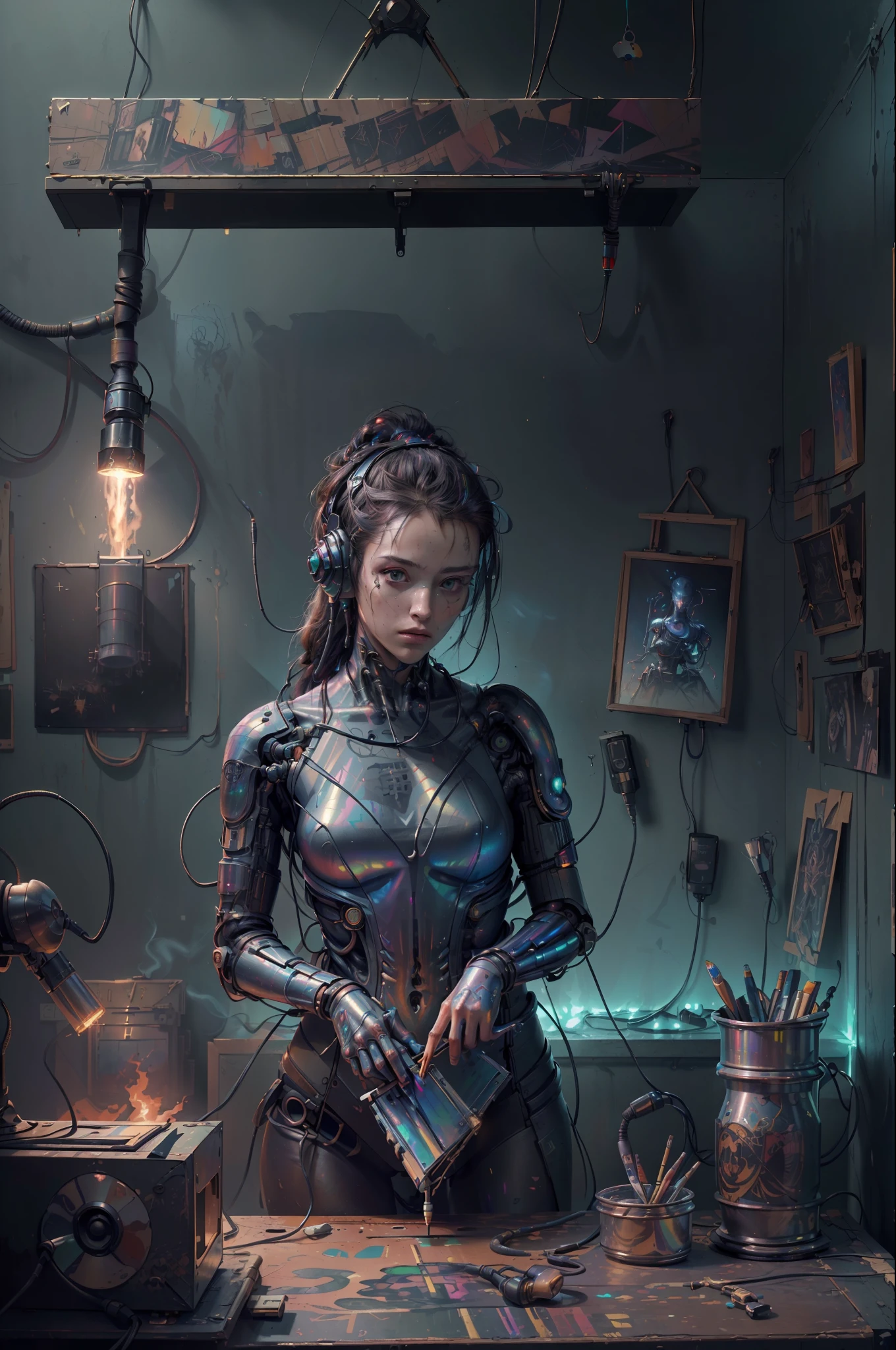 (masterpiece, best quality, highres, absurdres, detailed:1.2), humanoid, robot, wearing headphones, looking away, (cyberpunk, art canvas, paint brush, easel, iridescent, holographic: 1.6), (cables, wires, flames, fire, smoke, overheat, explosion, indoors, room, simple background)