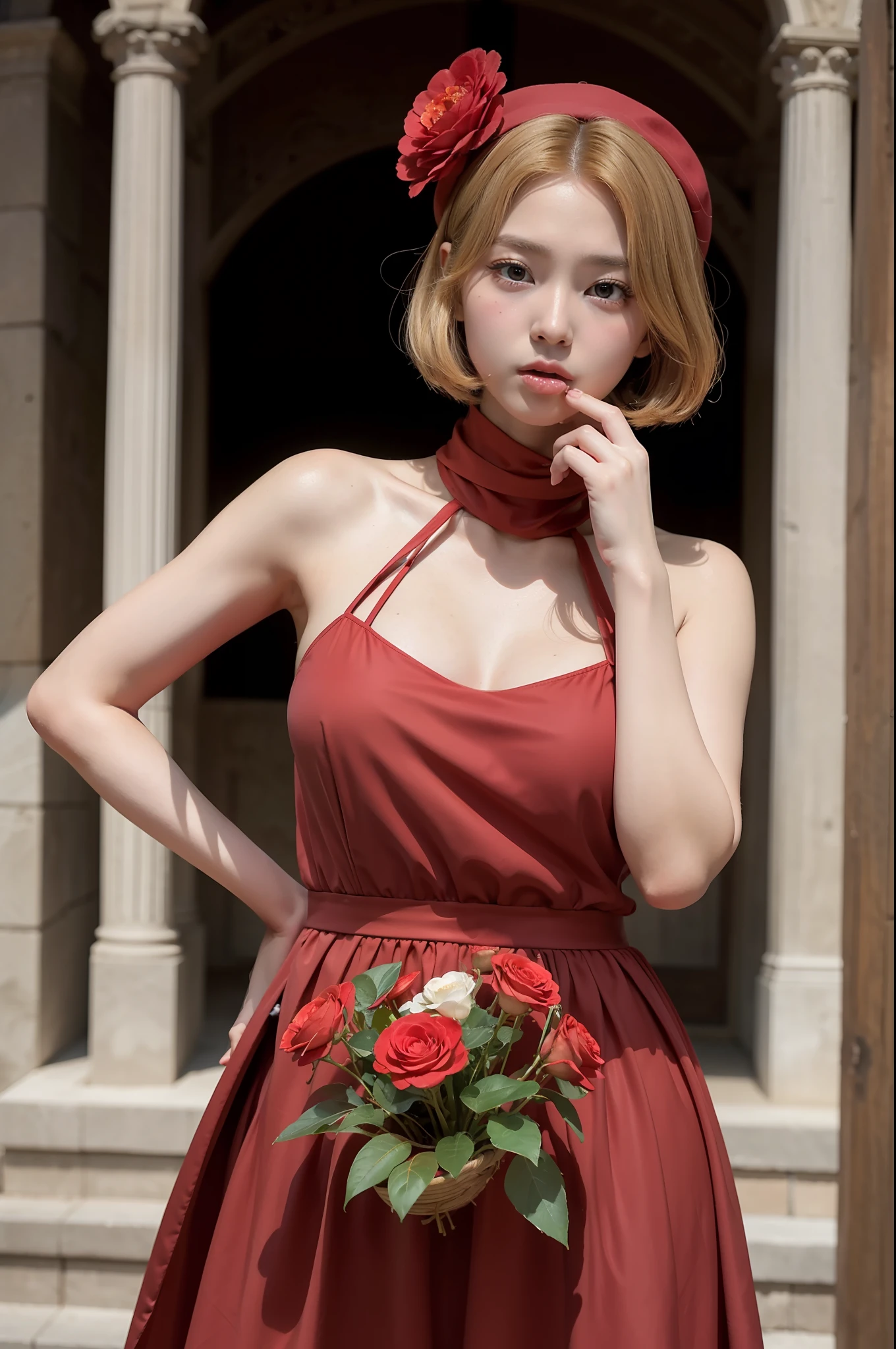Photo Real、photoRealstic Golden hair、Depigmented hair、Short hair、Straight hair、bangss big eye、with round face、Plump cheeks、The contours of the face are round、a small face、a baby face japanes、sixteen years old、tiny body、skinny body、young body、Soft thighs Very small hat in black、Minuscule hat、Cosplay、RED dress、Black scarf、Dresses that stand out、Dresses with a lot of decoration、a short skirt、Unique clothing Adult Pose、Bold poses、Faces close、Face Close-up、Licking transparent objects、Lick boldly、Bite a transparent object、Fluid around the mouth、Saliva、Mushy liquid、a large amount of liquid in the mouth, Background with、Old-fashioned Western-style building、Western-style castle、a castle yard、Flower Garden、Red flowers