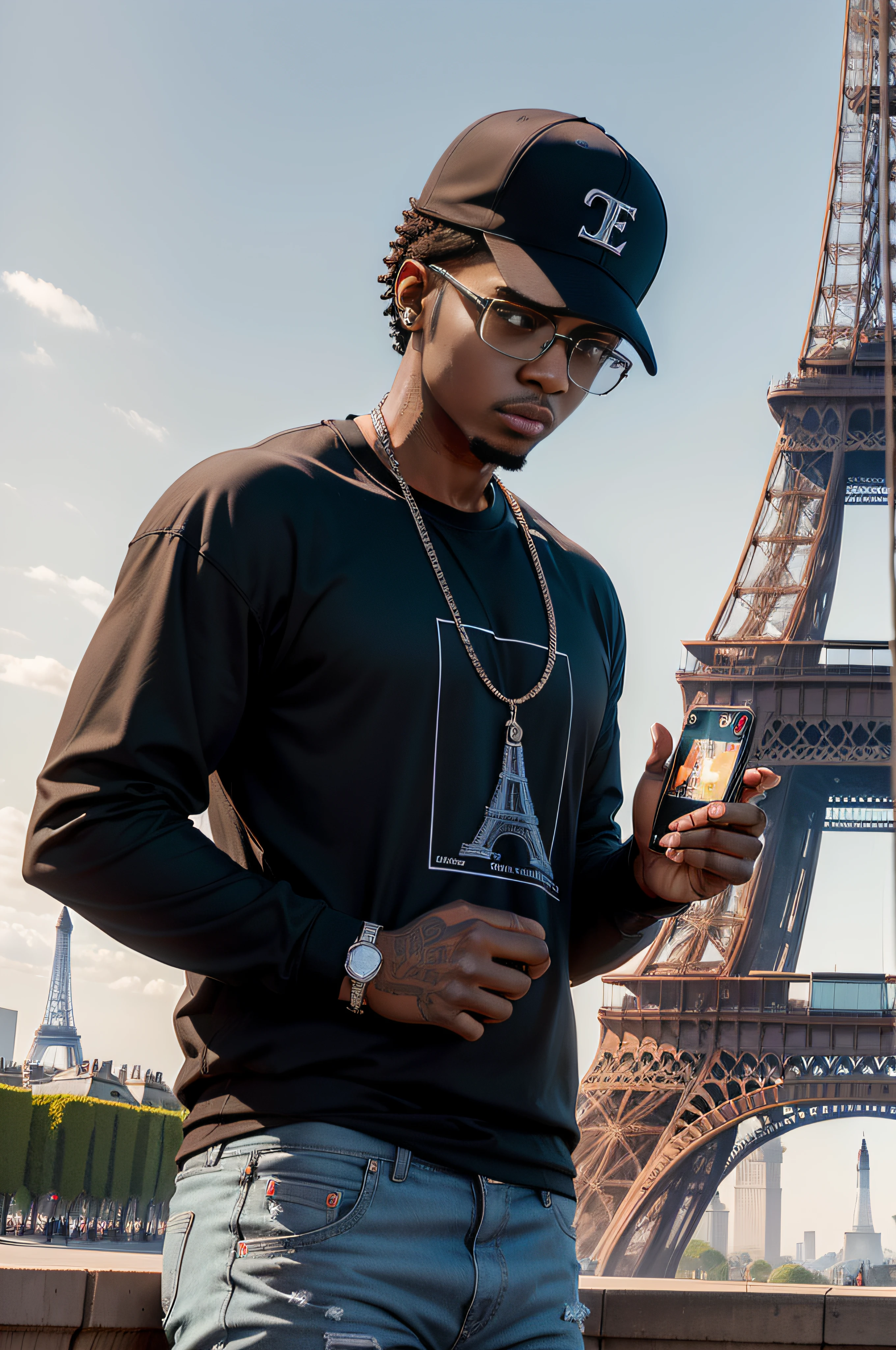 A talented rapper with a smartphone in his hand performs an incredible performance in front of the majestic Eiffel Tower in Paris, imposing in the heart of the City of Light. Dressed in a tight-fitting black t-shirt, d'un jean large et de baskets montantes, It has a modern but casual style. His dark glasses give him a mysterious and captivating look.
