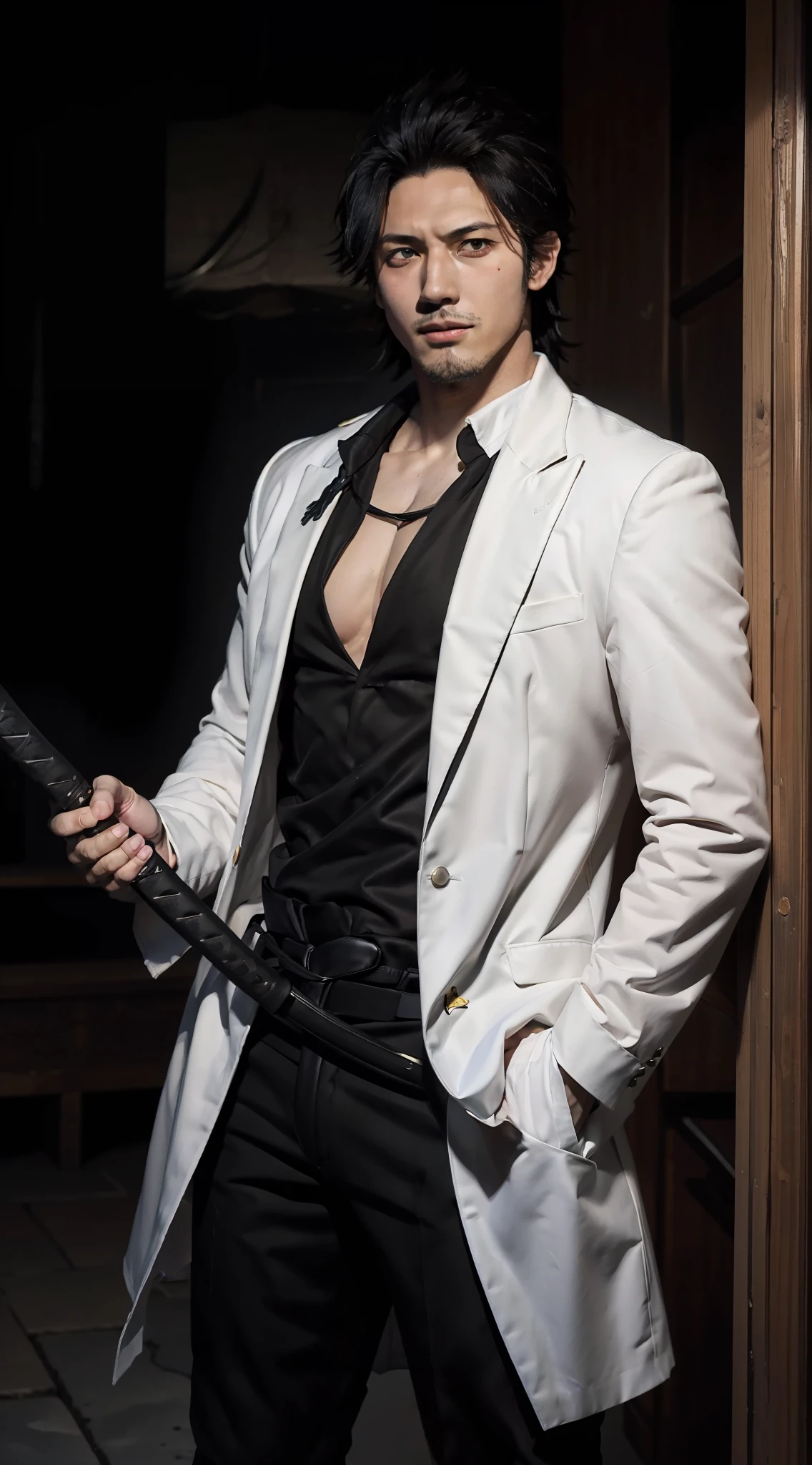 yami from the anime black clover, black hair, katana, holding a katanan, handsome man, has a beard. looking at the audience, staring intently, wearing formal clothes, wearing a white shirt, wearing a black jacket, black pants