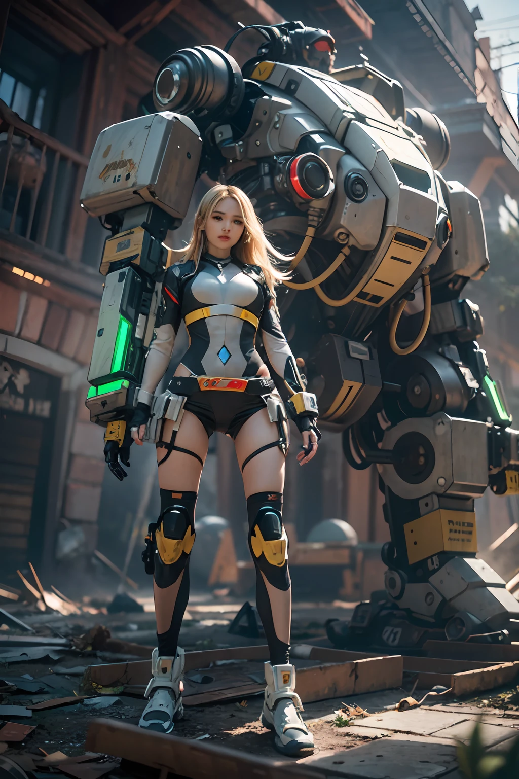 ((Best quality)), ((masterpiece)), (highly detailed:1.3), 3D,Shitu-mecha, beautiful cyberpunk women with her mecha in the ruins of city from a forgoten war, ancient technology,HDR (High Dynamic Range),Ray Tracing,NVIDIA RTX,Super-Resolution,Unreal 5,Subsurface scattering,PBR Texturing,Post-processing,Anisotropic Filtering,Depth-of-field,Maximum clarity and sharpness,Multi-layered textures,Albedo and Specular maps,Surface shading,Accurate simulation of light-material interaction,Perfect proportions,Octane Render,Two-tone lighting,Low ISO,White balance,Rule of thirds,Wide aperature,8K RAW,Efficient Sub-Pixel,sub-pixel convolution,luminescent particles,light scattering,Tyndall effect