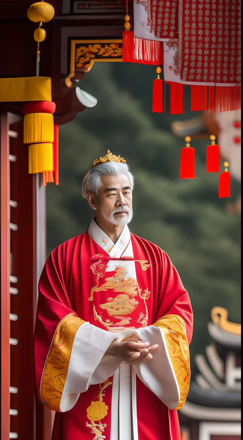 Masterpiece, Highest quality, (solofocus),, (High detail: 1.1),dojo,Red and yellow robes,The male, Man, chinese crown, 1人,and white hair,超高分辨率 , Detailed background, realisticlying, wearing a detailed and intricate xianxia antique outfit
