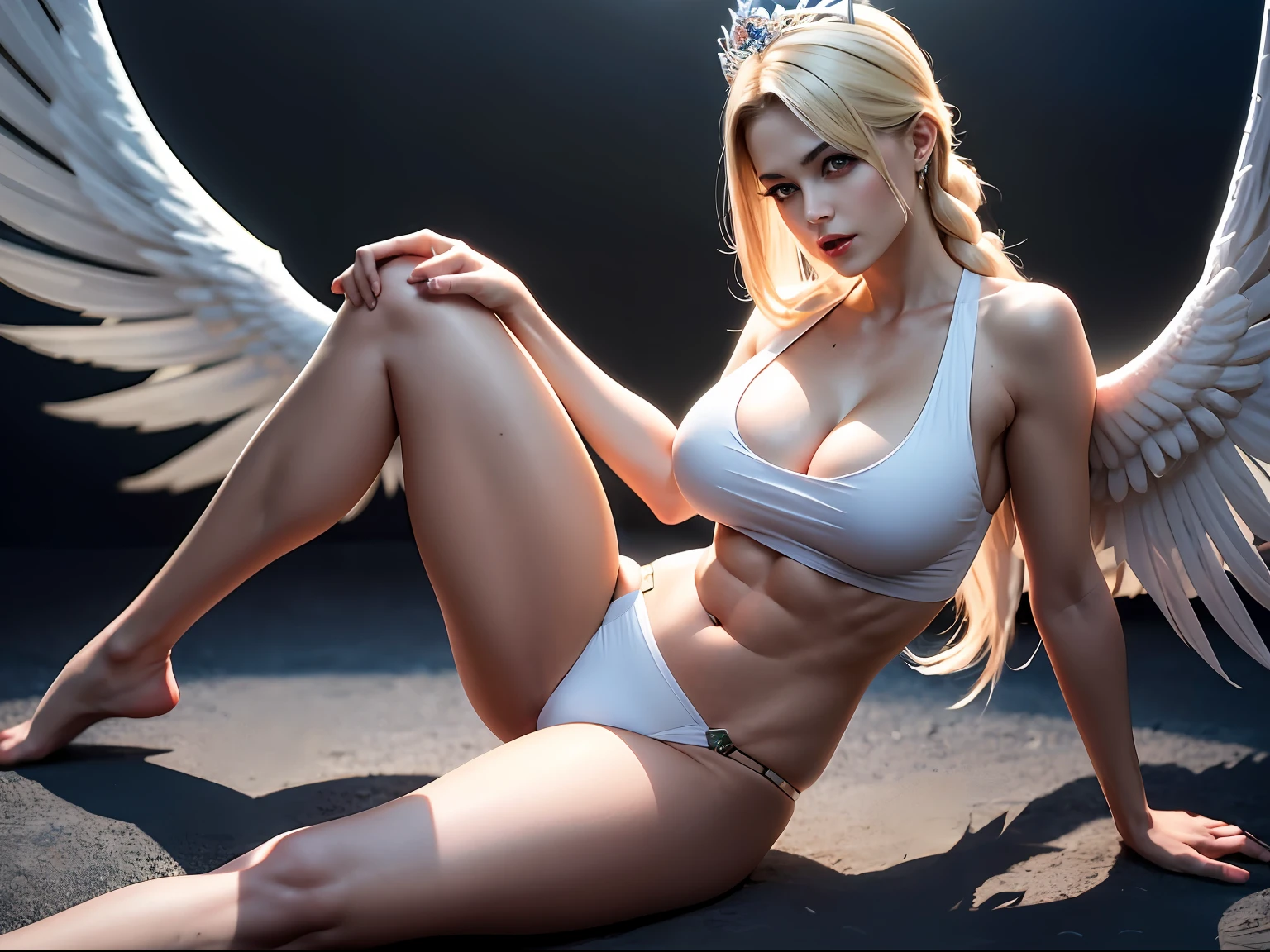 Ultra detailed complex 3D rendering of face, (big breasts: 8.8), (masterpiece, top quality, octane rendering, 8K), glamour shot full body image, cleavage, (highly detailed skin: 1.2), (exposure: 1.1), (blonde), (wearing a plummet tank top of red silk: 1.5)), blonde hair, beautiful white woman with full soft breasts and white skin, one with big ass, long braided hair(portrait))), big breasts, dynamic angles, mystical expressions, ultra-realistic photos, (portrait))), bare feet, futuristic city background, facial muscles, detailed and beautiful queen tiara, in the style of Marvel Comics, clear focus, studio photography, intricate details, highly detailed, detailed yellow eyes, sharp focus, digital rendering, professional, abs, ( ((Sexy Pose))), Natural Jungle, Open Your Mouth Lightly, Mansuji, Open Your Crotch, Seductive Look, Angel Ring, Detailed Angel Wings, Circle of Angels, Beautiful Mouth, Perfect Body Beauty: 1.4,