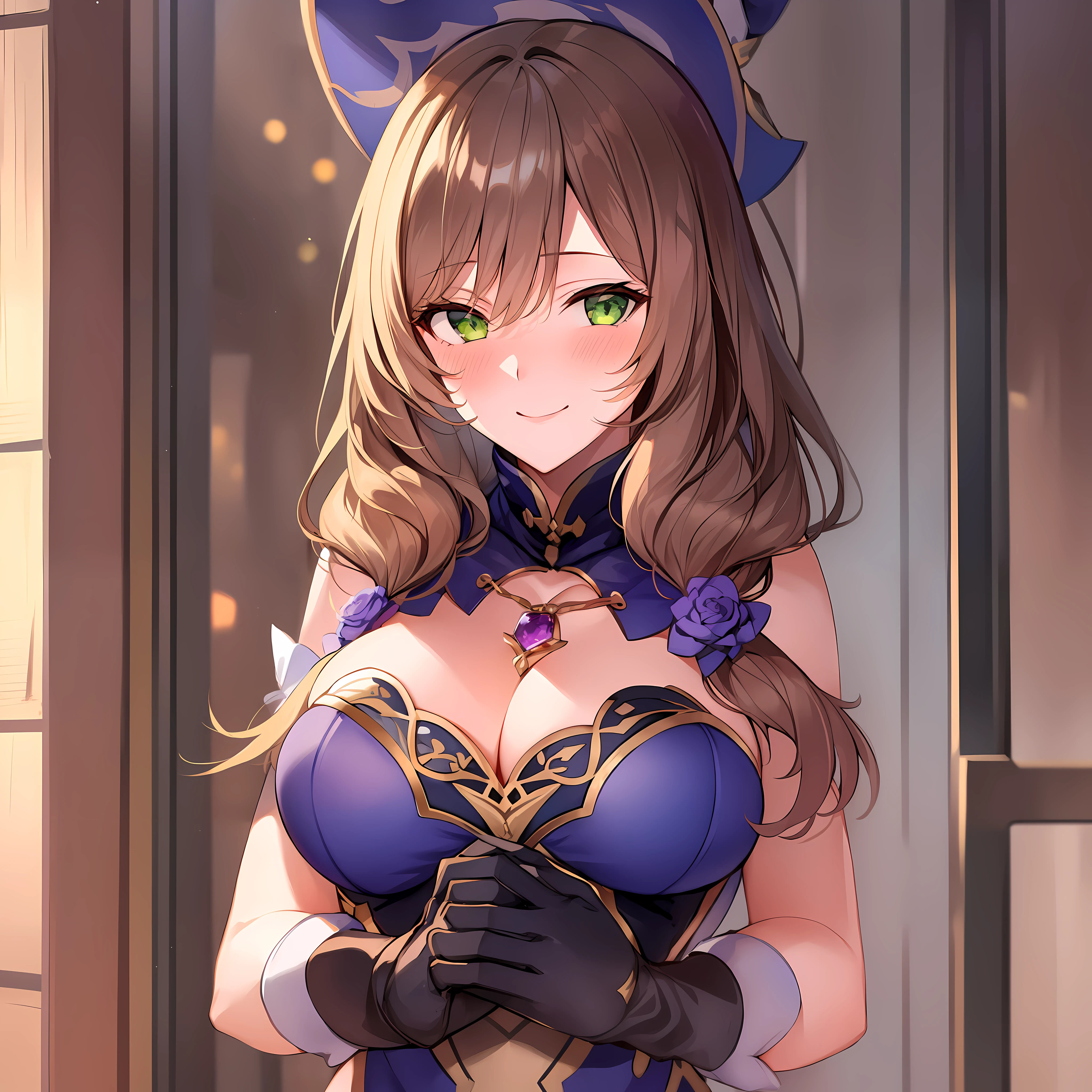 1girl, solo, lisadef, cleavage, smiling, (blushing:1.2), (grabbing breasts:1.6)