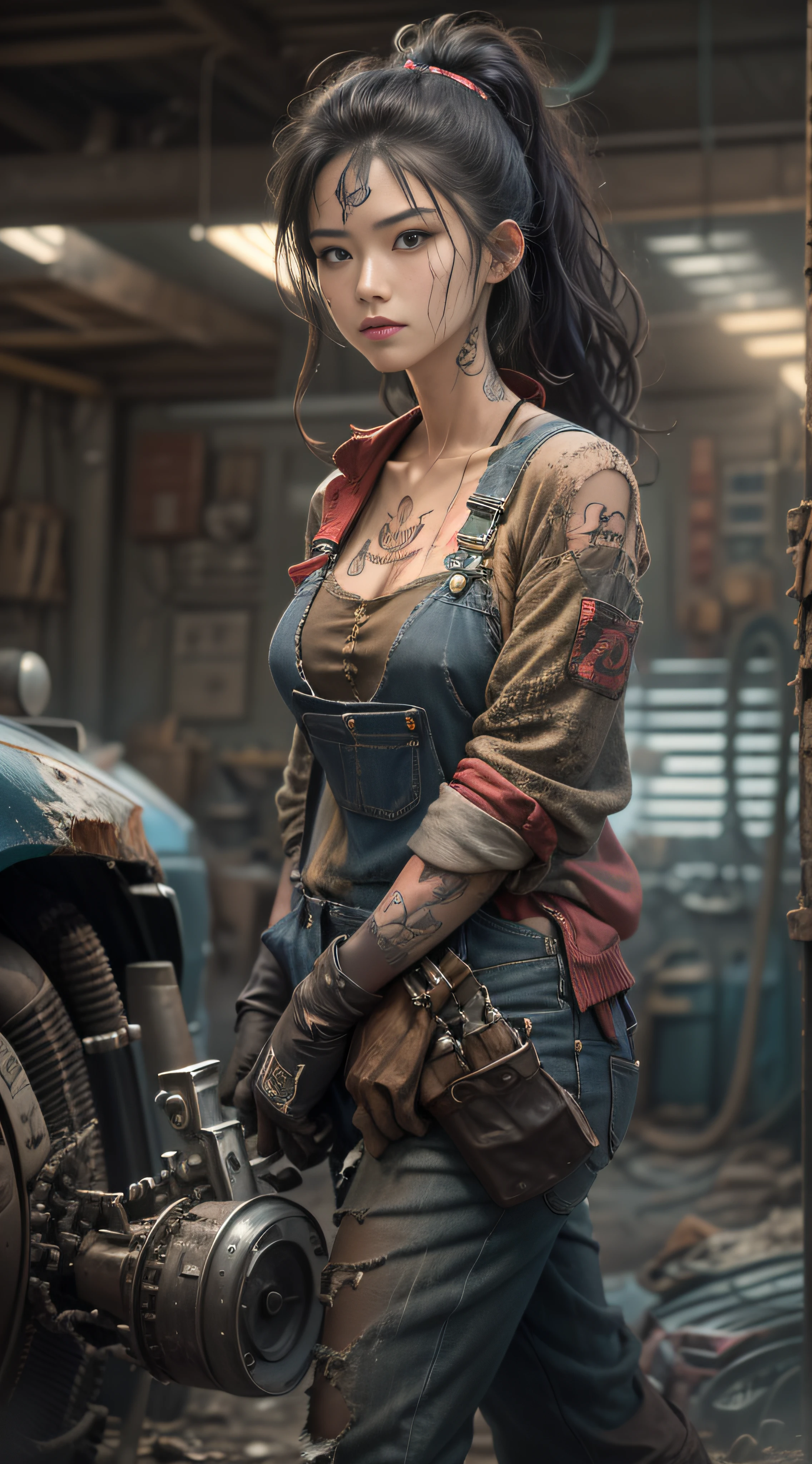 ((best quality)), ((masterpiece)), (detailed), Extremely beautiful Chinese girl， mesmerizing and alluring female mechanic covered in grease, (Dirty and rugged charm:1.2), (tough and confident demeanor:1.1), (mechanical expertise:1.3), disheveled hair, smudged face with a playful smirk, stained overalls clinging to her curves, (gritty tools of the trade:1.2), cluttered repair shop, scattered car parts, (authentic automotive ambiance:1.2), (intense gaze:1.1), gripping a wrench in her dirty hands, 8k resolution,looking at another,  looking away,( tattoo:1.2), masterpiece,  best quality