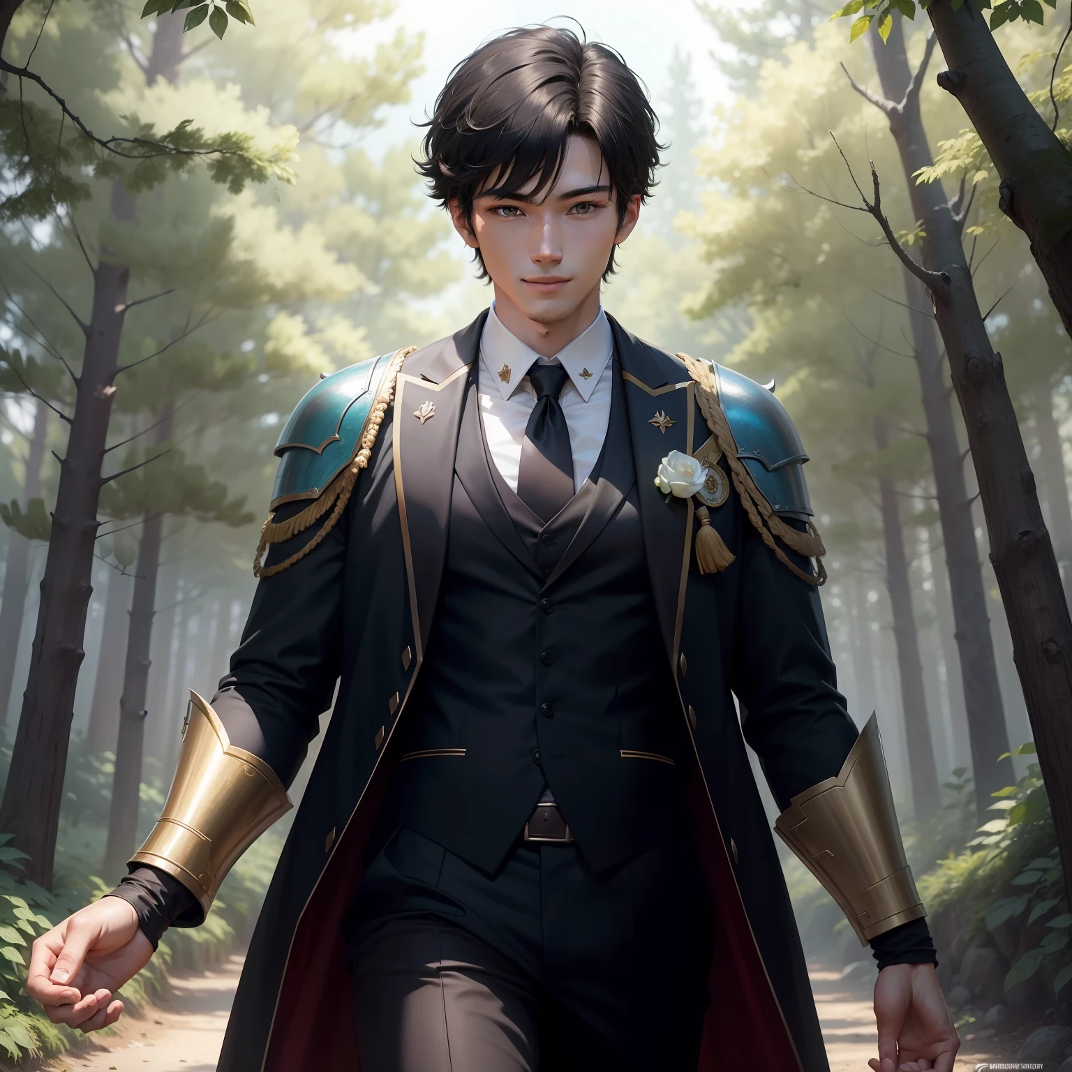 The animations are rich in detail,This is a high-quality 8K masterpiece。18-year-old teenager,A male,bachelorhood,Very sunny and cheerful,Handsome smile, short black hair,Armor in a white gentleman's suit,War background,Forest magic,fantasy