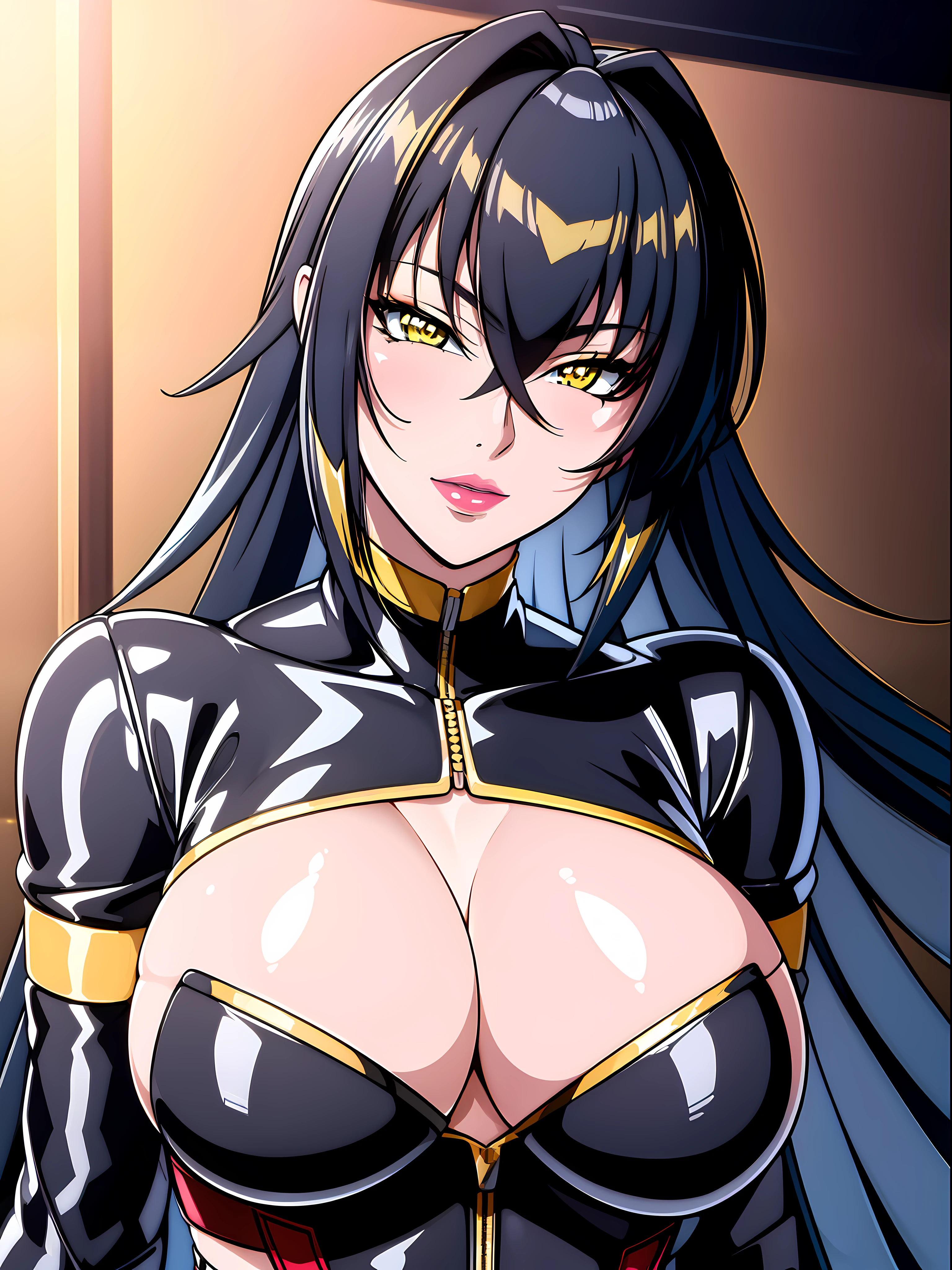 8k, close-up, half body shot, seductive, symmetric face, golden corset, portrait, young with long hair, vivacious, very sexy pose, masterpiece, highres, (((extremly high detailed))), makeup, lipstick, eyeshadow, yellow eyes, glowing eyes, nigeglee, semi-realistic lips,